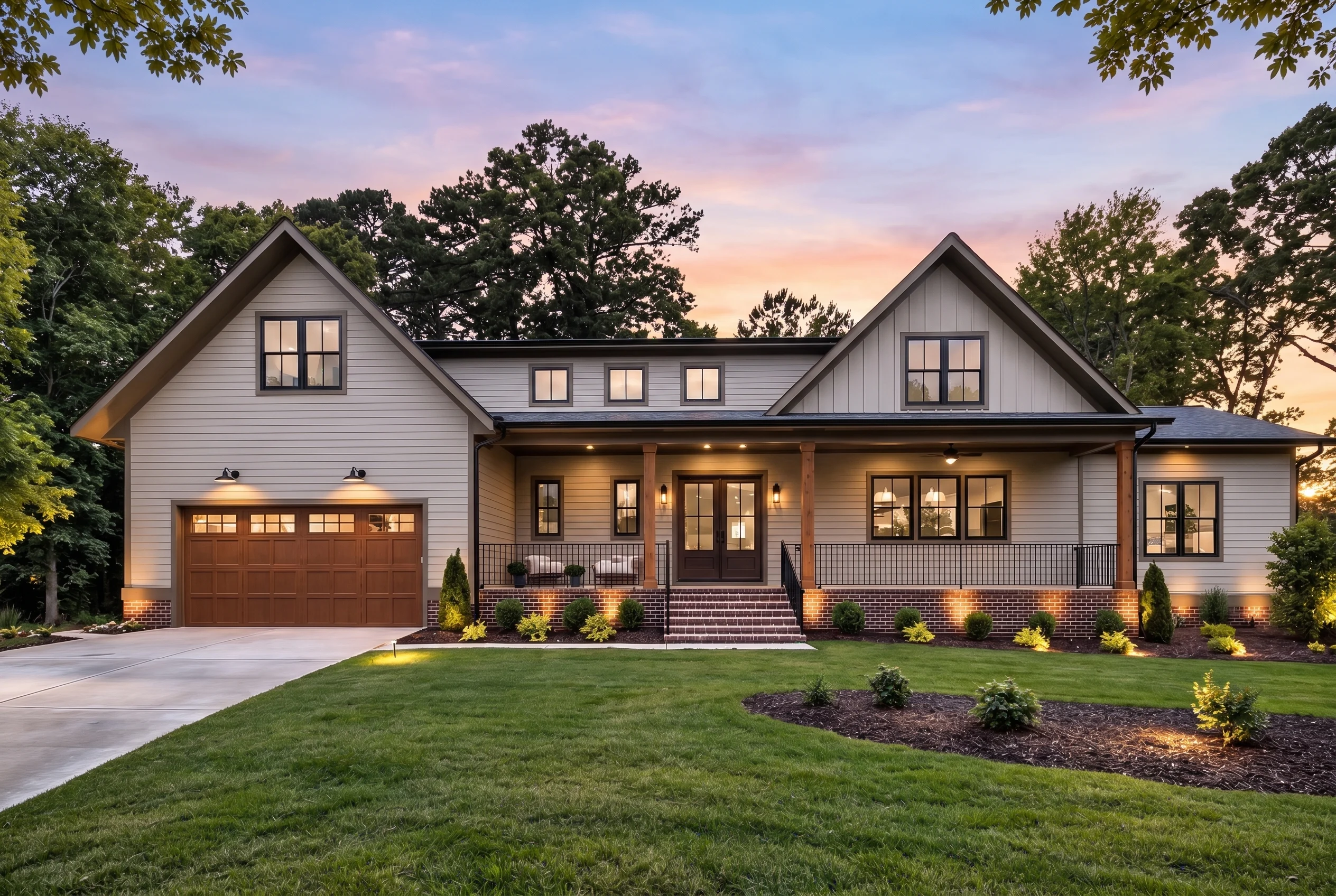 Plan  19-2102 – Aster River Place |  Modern Farmhouse – 4-Bed, 3.5-Bath, 3,627 SF - Mushroom Taupe, AI-generated exterior concept