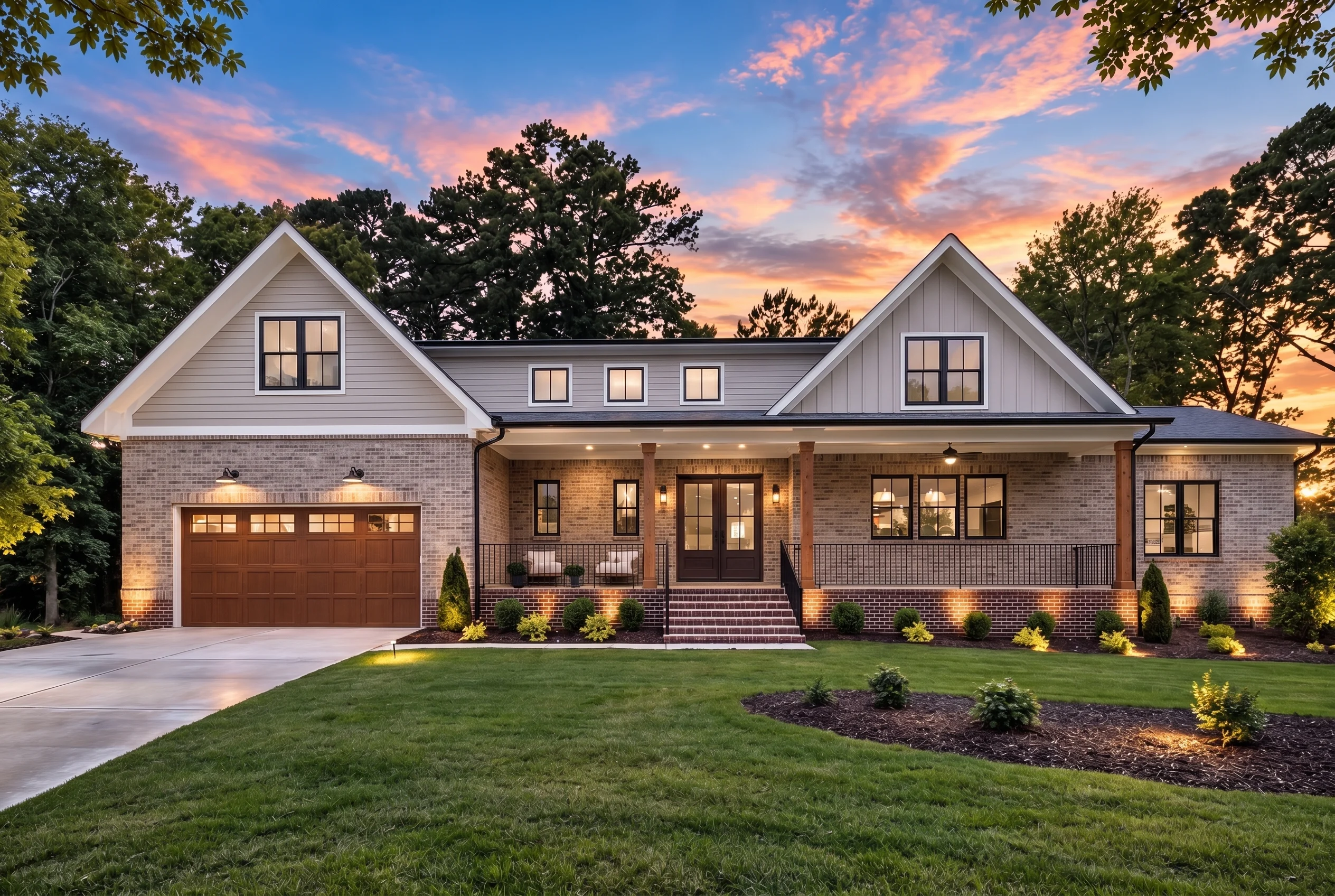Plan  19-2102 – Aster River Place |  Modern Farmhouse – 4-Bed, 3.5-Bath, 3,627 SF - Natural Brick, AI-generated exterior concept