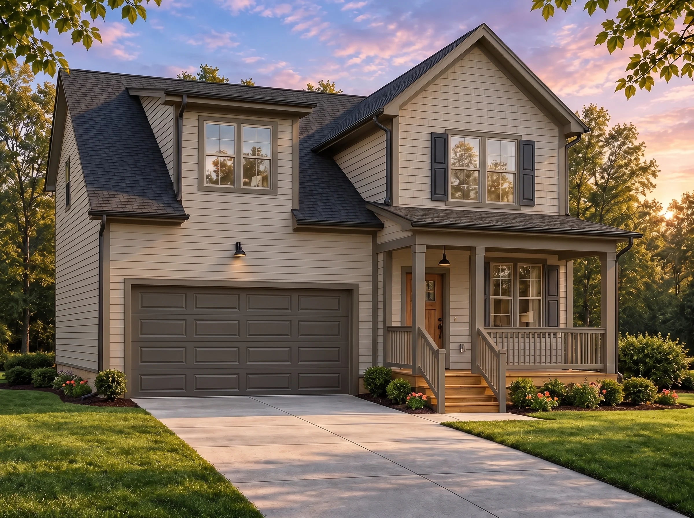 Plan  19-2075 – Bude House |  Traditional – 3-Bed, 2.5-Bath, 1,532 SF - Mushroom Taupe, AI-generated exterior concept
