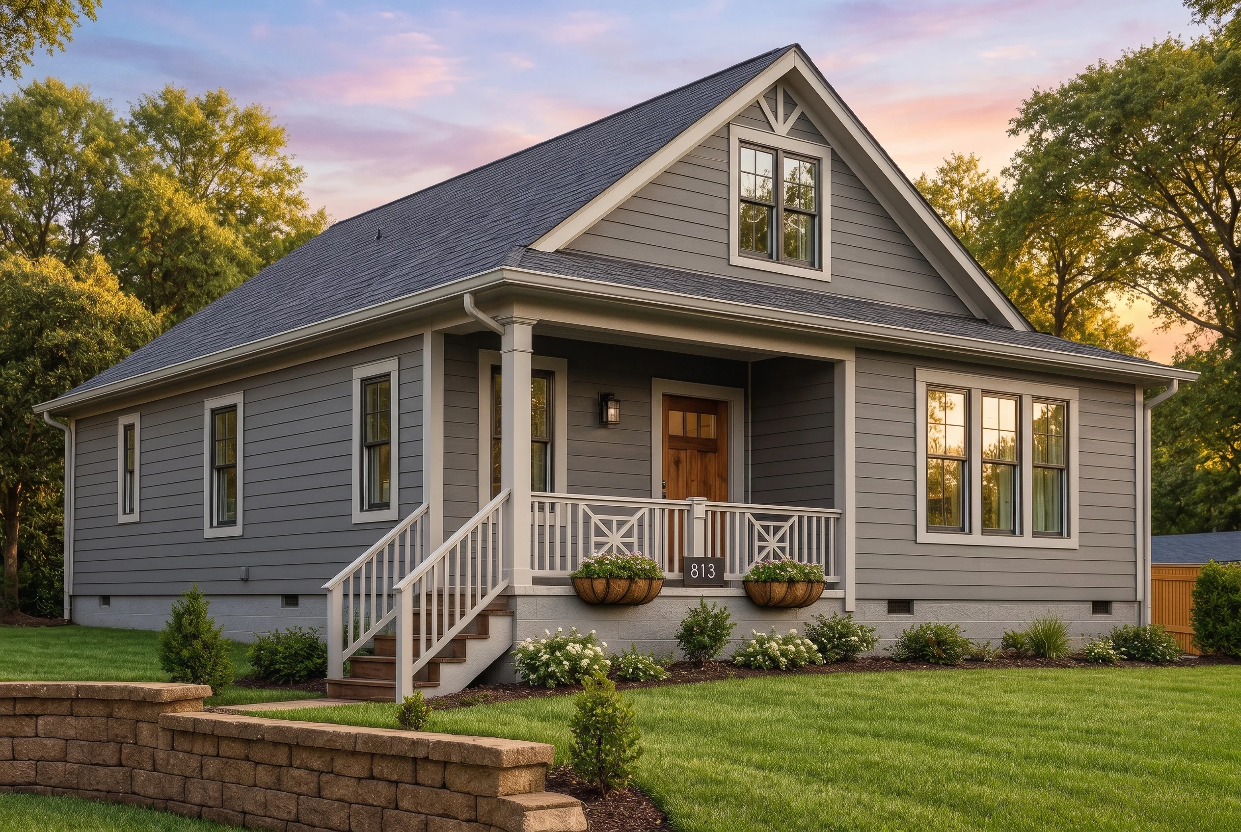 Plan  19-2238 – Williams Lodge |  Traditional Cottage – 3-Bed, 2.5-Bath, 1,702 SF - Warm Charcoal, AI-generated exterior concept