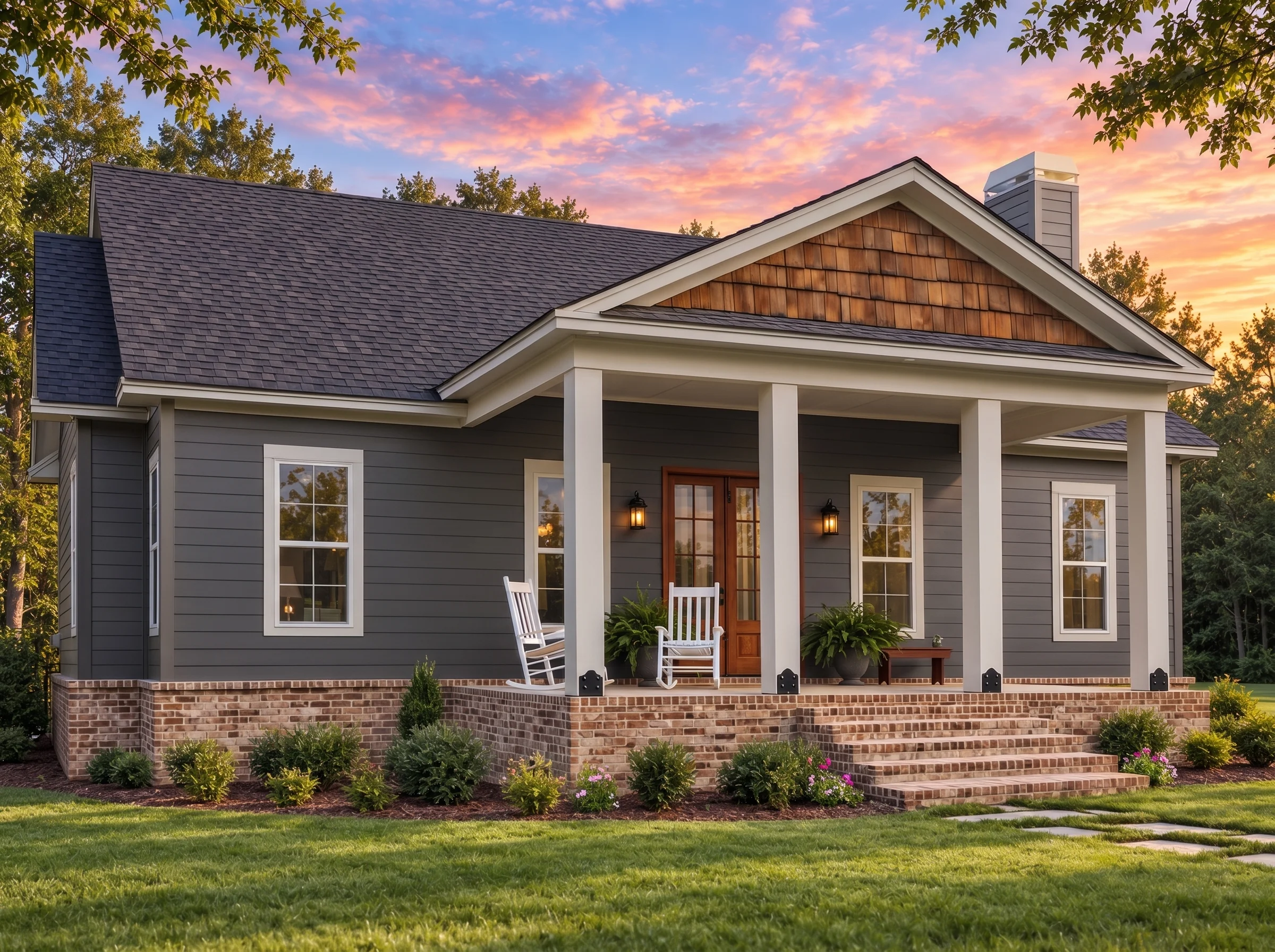 Plan  19-2257 – Gale House |  Traditional – 3-Bed, 2-Bath, 1,631 SF - Warm Charcoal, AI-generated exterior concept