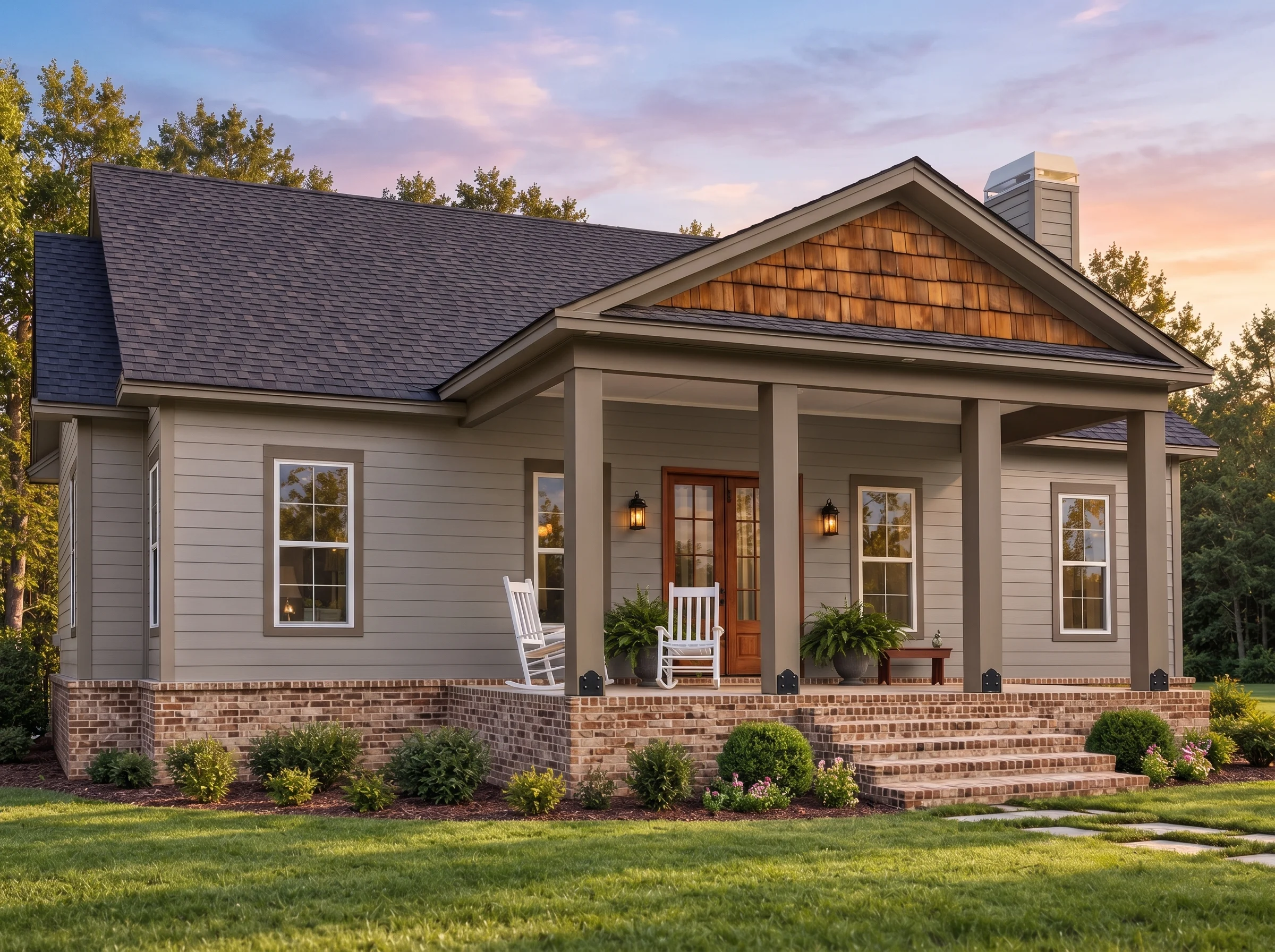 Plan  19-2257 – Gale House |  Traditional – 3-Bed, 2-Bath, 1,631 SF - Mushroom Taupe, AI-generated exterior concept
