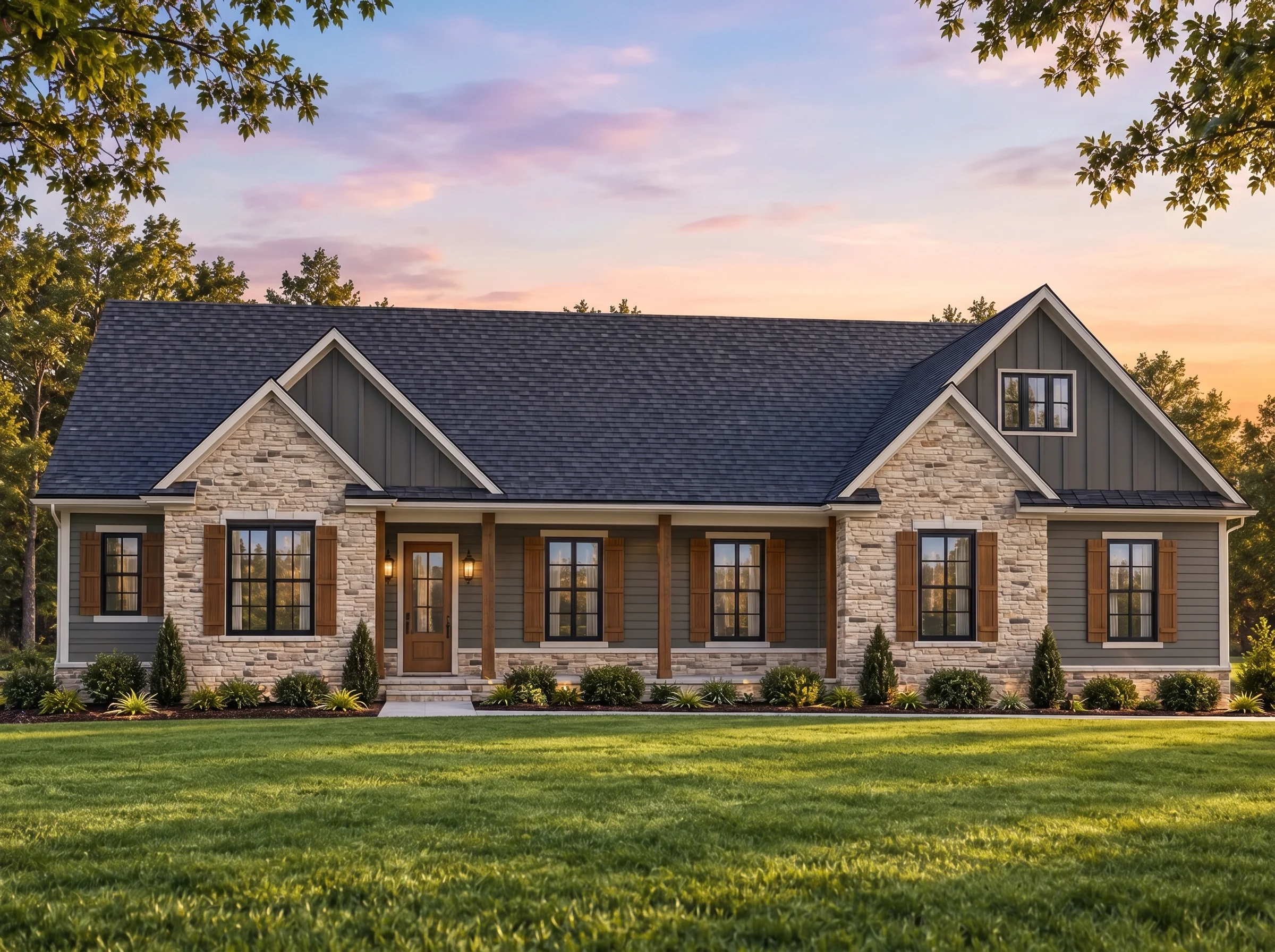 Plan  19-2291 – Laramie Retreat |  Traditional Ranch – 3-Bed, 2.5-Bath, 2,786 SF - Warm Charcoal, AI-generated exterior concept