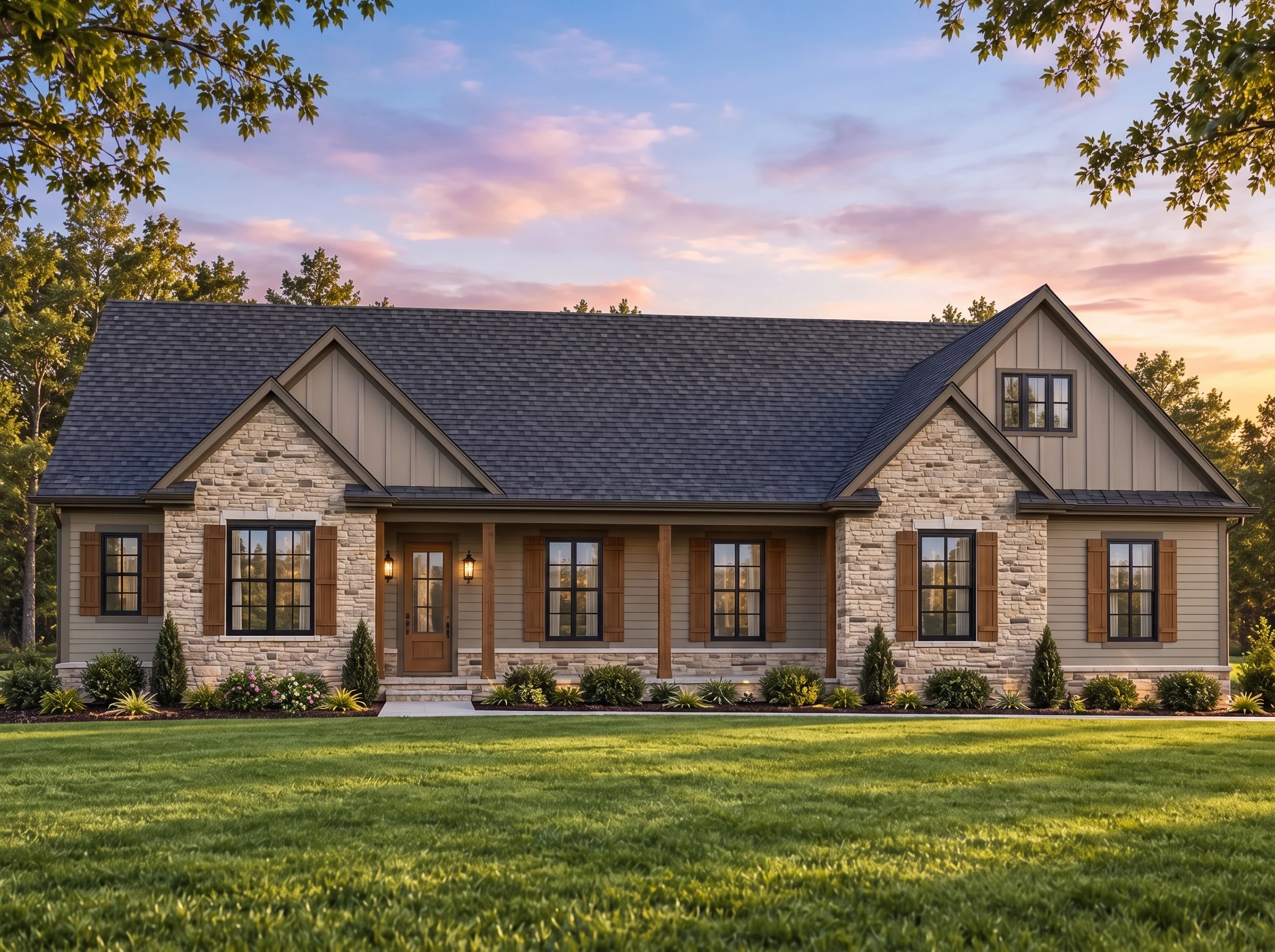 Plan  19-2291 – Laramie Retreat |  Traditional Ranch – 3-Bed, 2.5-Bath, 2,786 SF - Mushroom Taupe, AI-generated exterior concept
