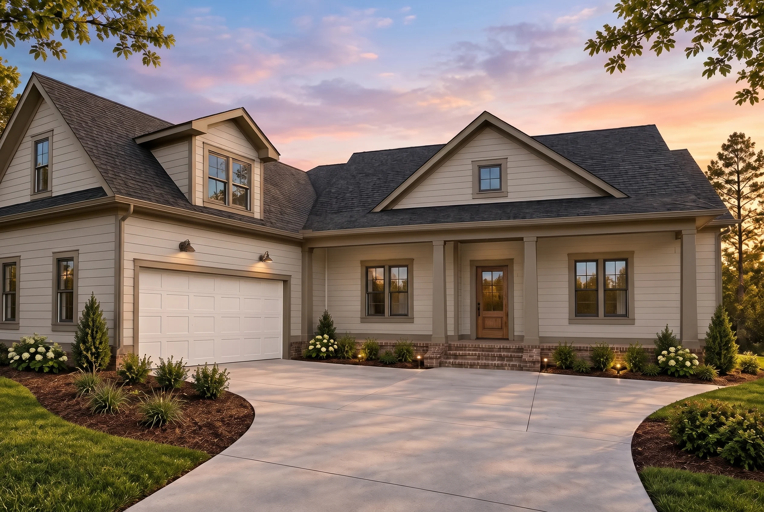Plan  19-2294 – The Davis Farmhouse  | Modern Farmhouse – 4-Bed, 3-Bath, 2,593 SF - Mushroom Taupe, AI-generated exterior concept