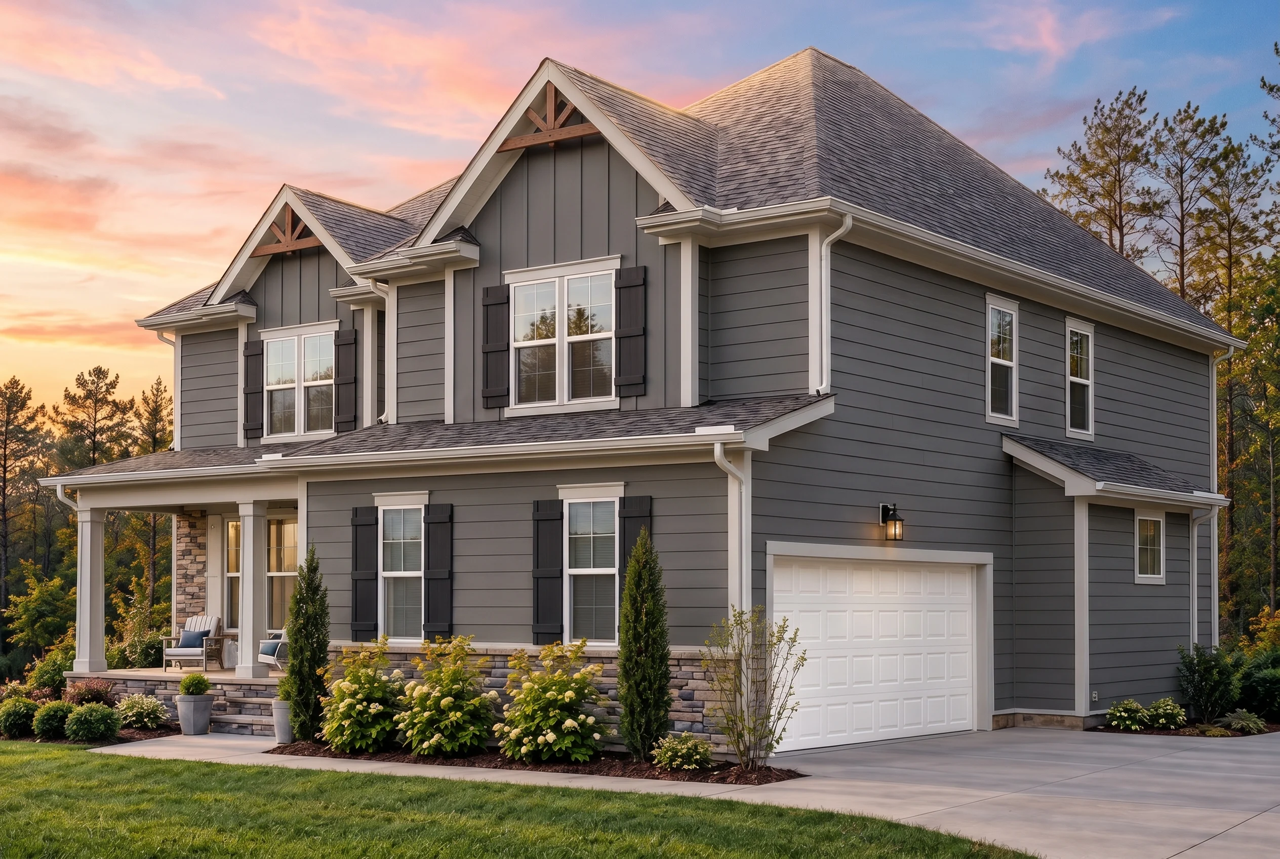 Plan  19-2325 – Auburn Hollow Retreat  | New American – 4-Bed, 4-Bath, 2,983 SF - Warm Charcoal, AI-generated exterior concept