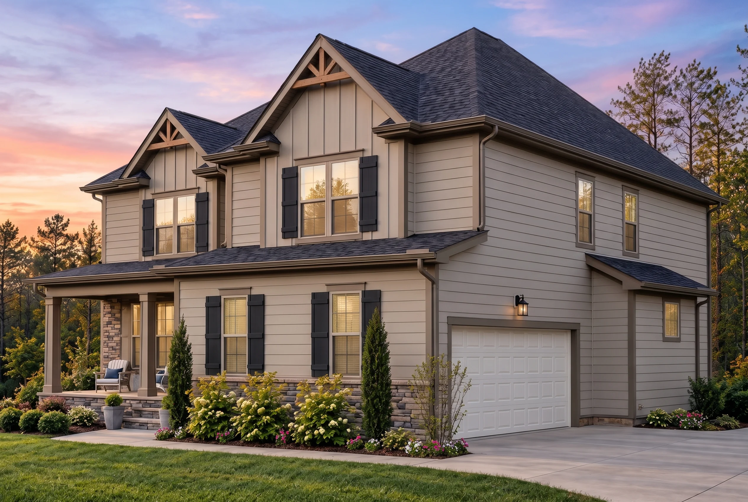 Plan  19-2325 – Auburn Hollow Retreat  | New American – 4-Bed, 4-Bath, 2,983 SF - Mushroom Taupe, AI-generated exterior concept