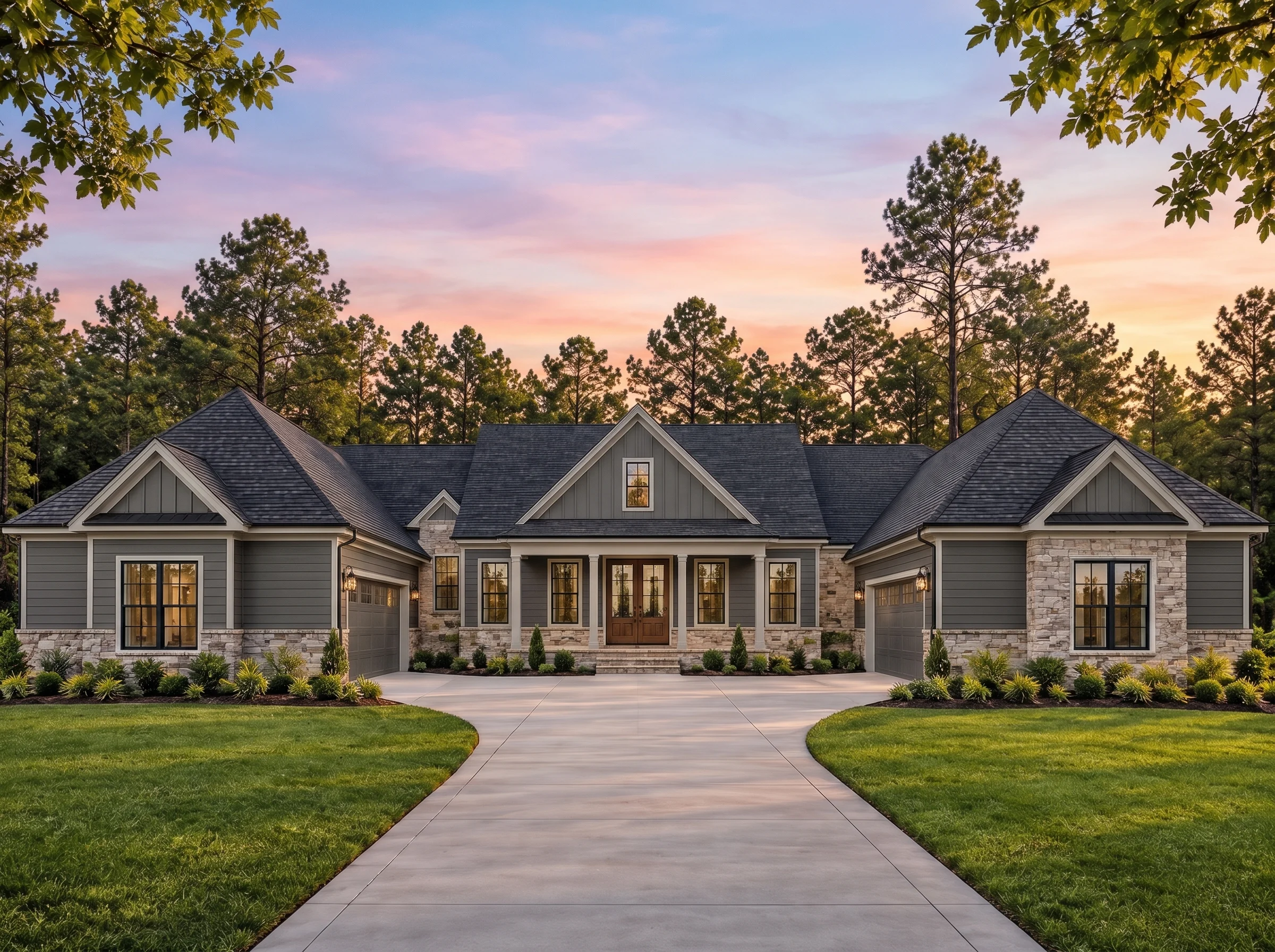 Plan  20-1001 – Auburn View Homestead  | Modern Farmhouse Ranch – 4-Bed, 4.5-Bath, 3,887 SF - Warm Charcoal, AI-generated exterior concept
