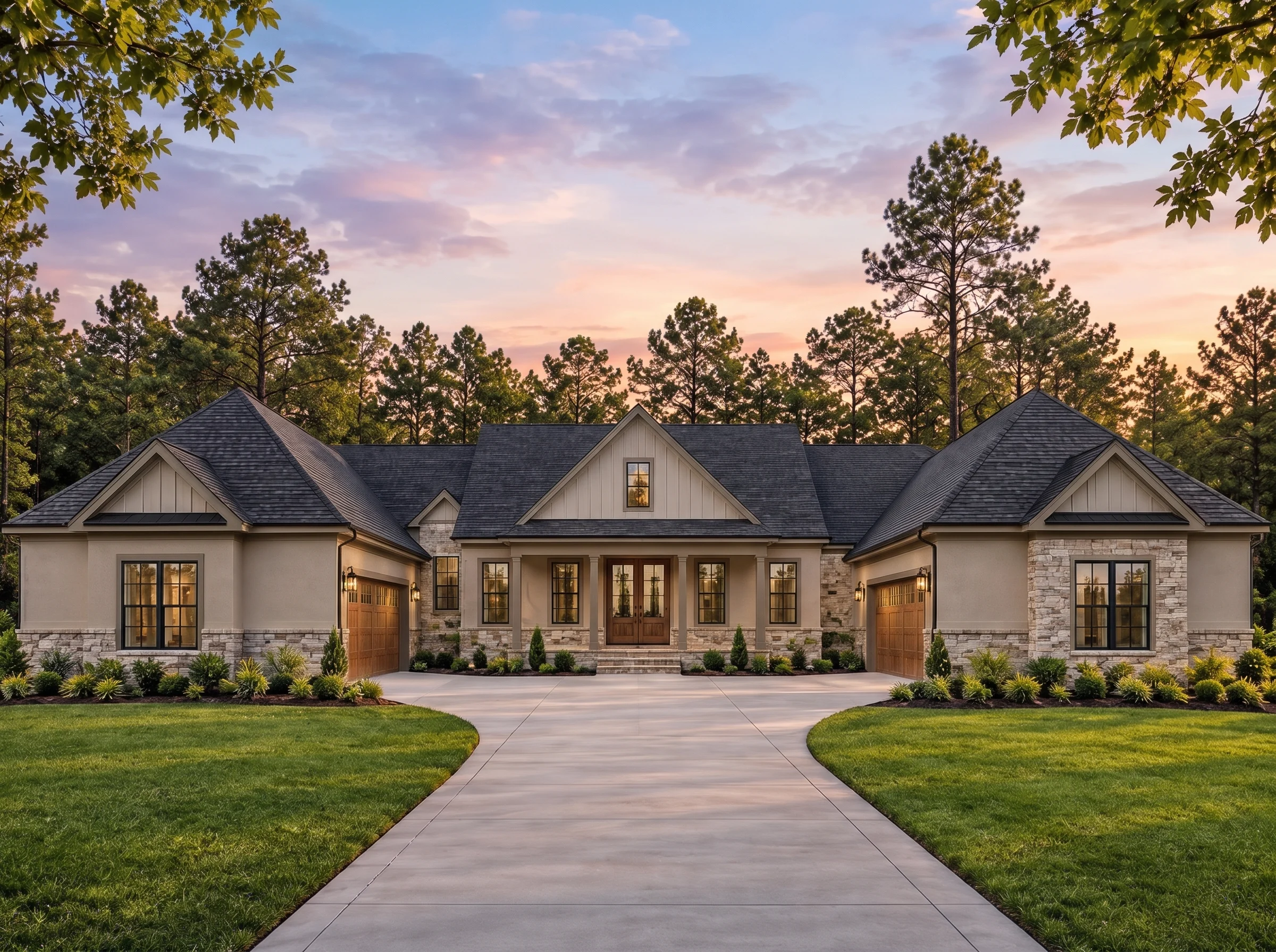 Plan  20-1001 – Auburn View Homestead  | Modern Farmhouse Ranch – 4-Bed, 4.5-Bath, 3,887 SF - Mushroom Taupe, AI-generated exterior concept