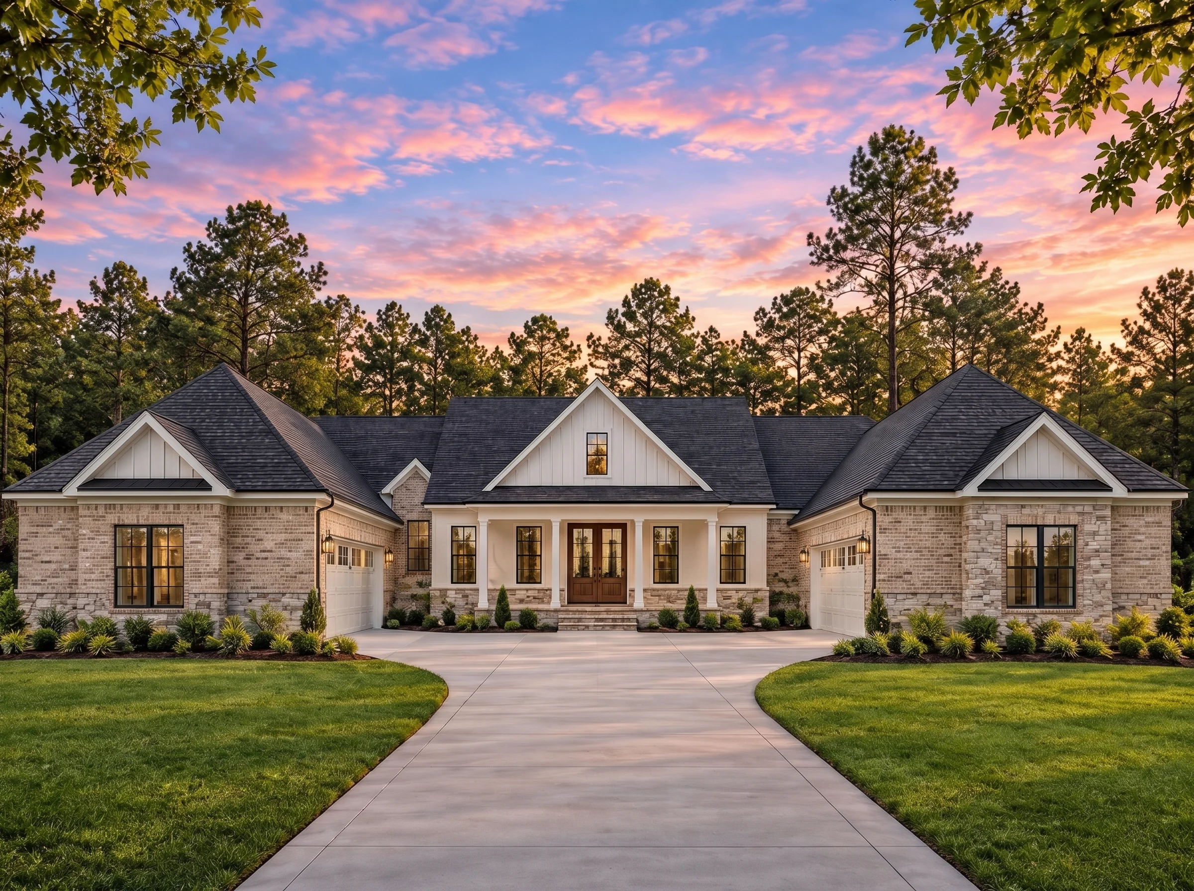 Plan  20-1001 – Auburn View Homestead  | Modern Farmhouse Ranch – 4-Bed, 4.5-Bath, 3,887 SF - Natural Brick, AI-generated exterior concept