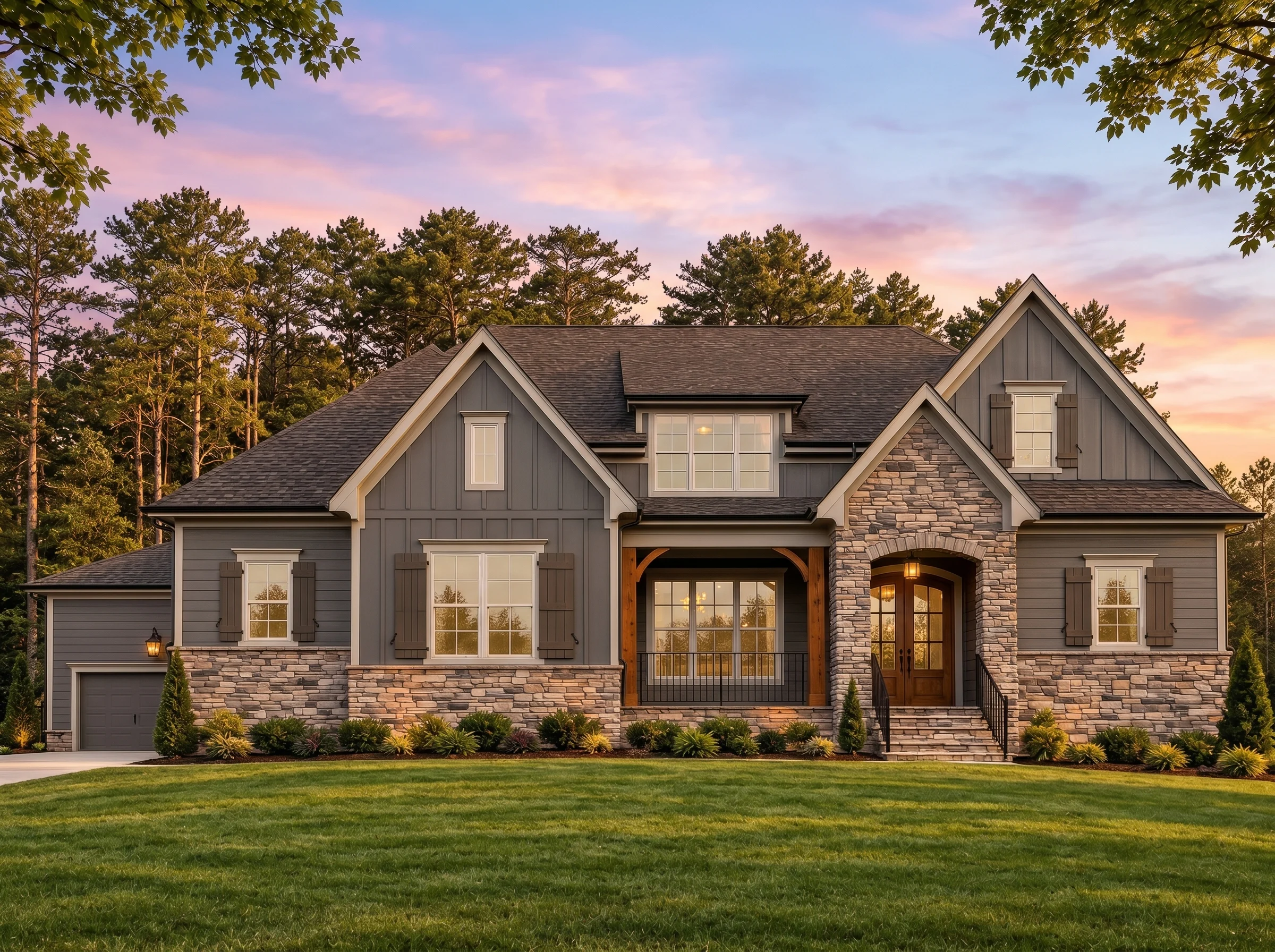 Plan  19-2444 – Auburn Hollow Homestead | Transitional Farmhouse – 4-Bed, 5-Bath, 3,425 SF - Warm Charcoal, AI-generated exterior concept