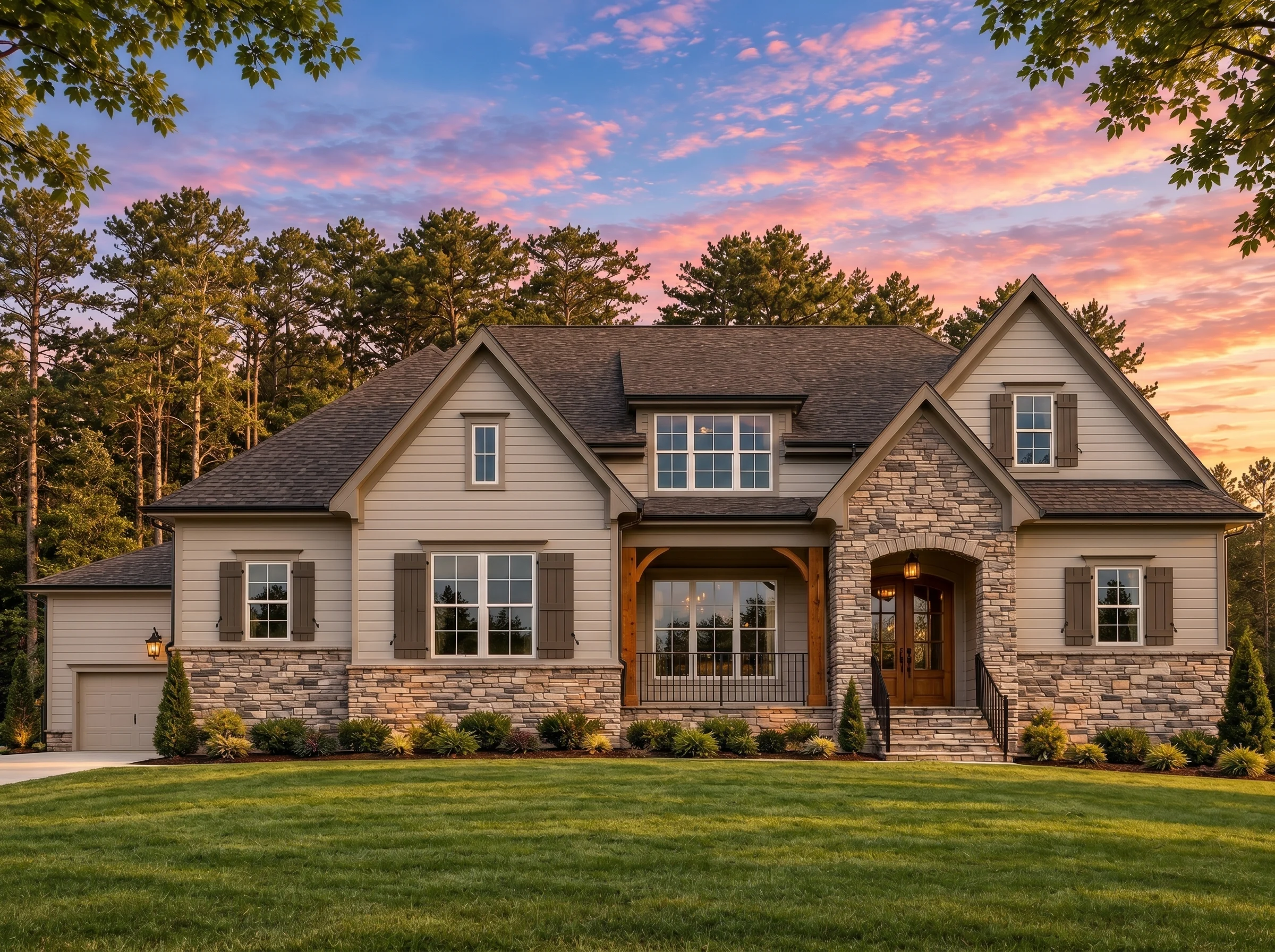 Plan  19-2444 – Auburn Hollow Homestead | Transitional Farmhouse – 4-Bed, 5-Bath, 3,425 SF - Mushroom Taupe, AI-generated exterior concept