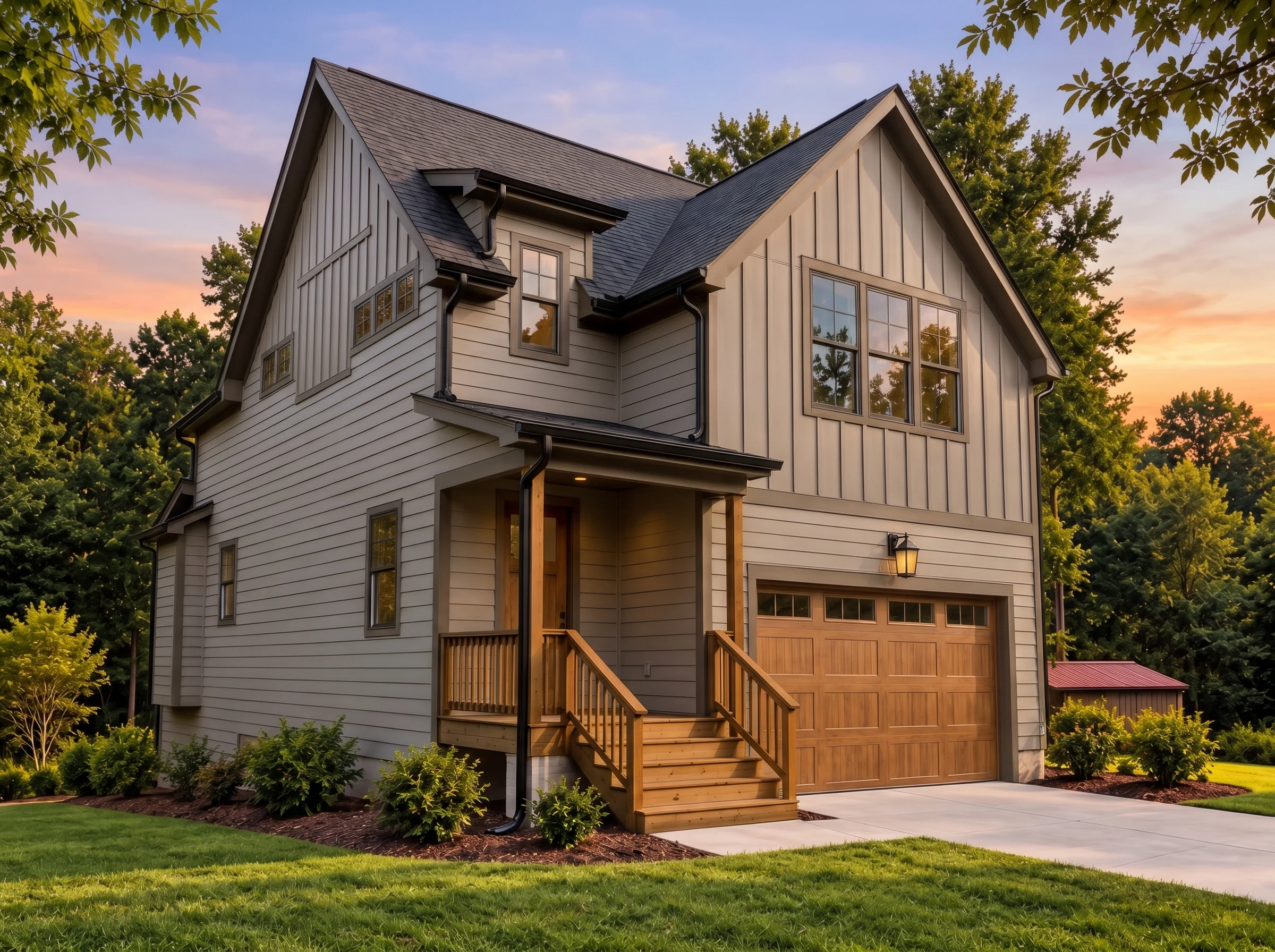 Plan  19-2370 – Anderson Crossing |  New American – 4-Bed, 4-Bath, 2,850 SF - Mushroom Taupe, AI-generated exterior concept