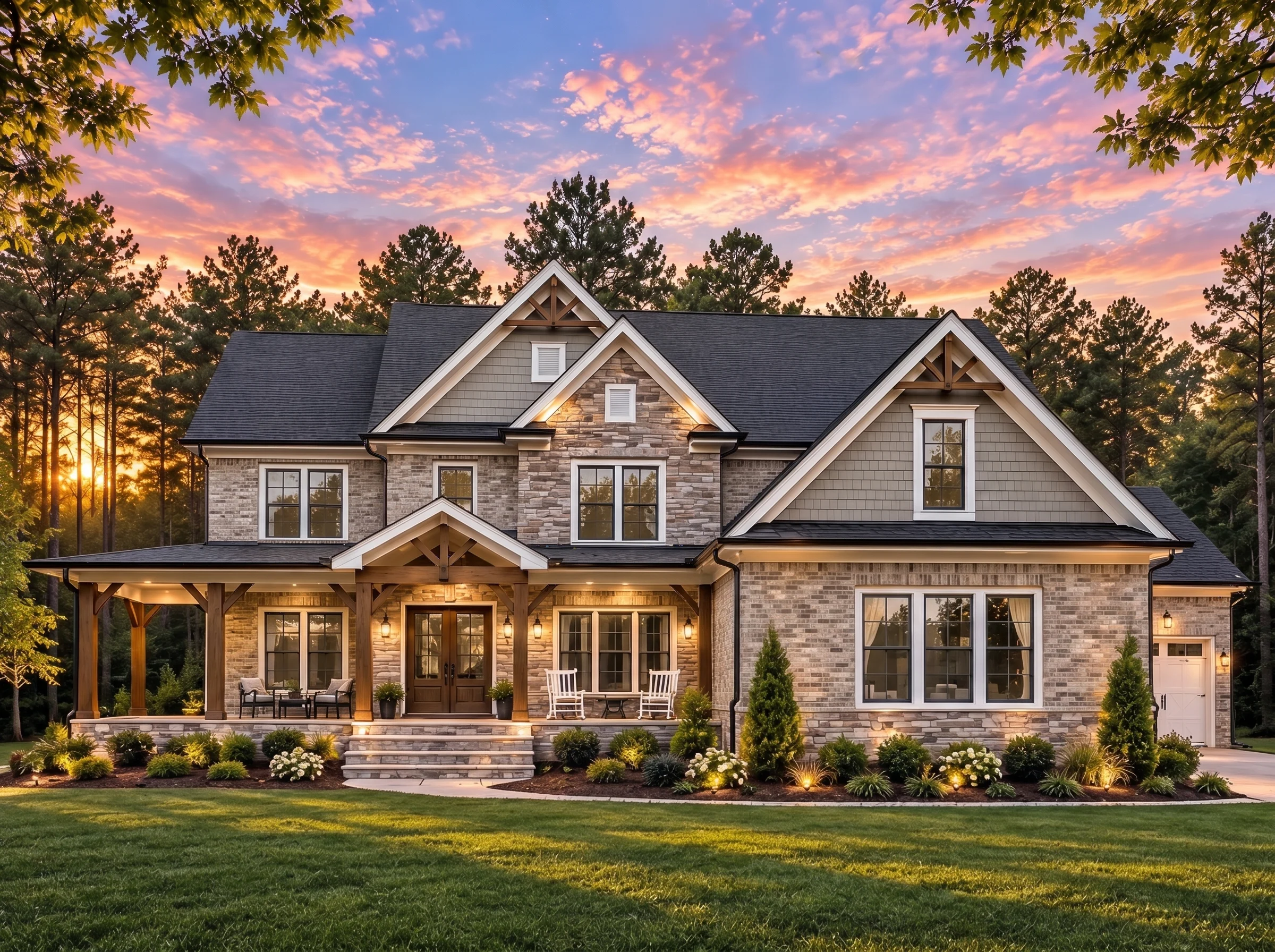 Plan  20-1128 – The Lopez Haven |  New American – 4-Bed, 3.5-Bath, 3,821 SF - Natural Brick, AI-generated exterior concept