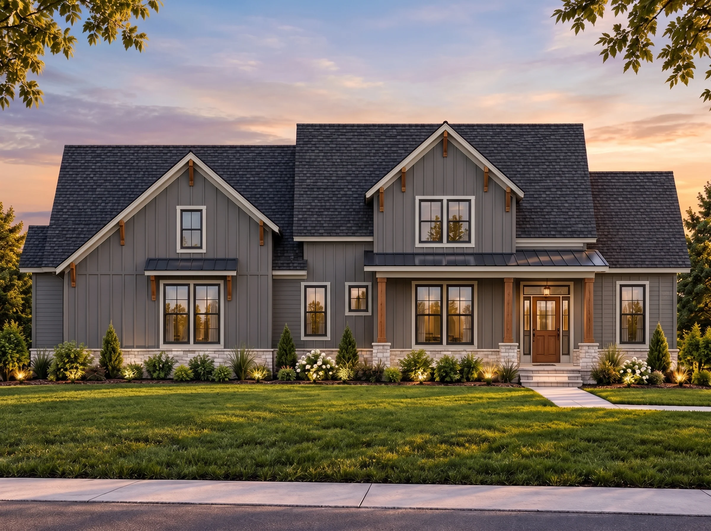 Plan  20-1113 – Auburn Landing Cottage  | Modern Farmhouse – 3-Bed, 2.5-Bath, 2,680 SF - Warm Charcoal, AI-generated exterior concept