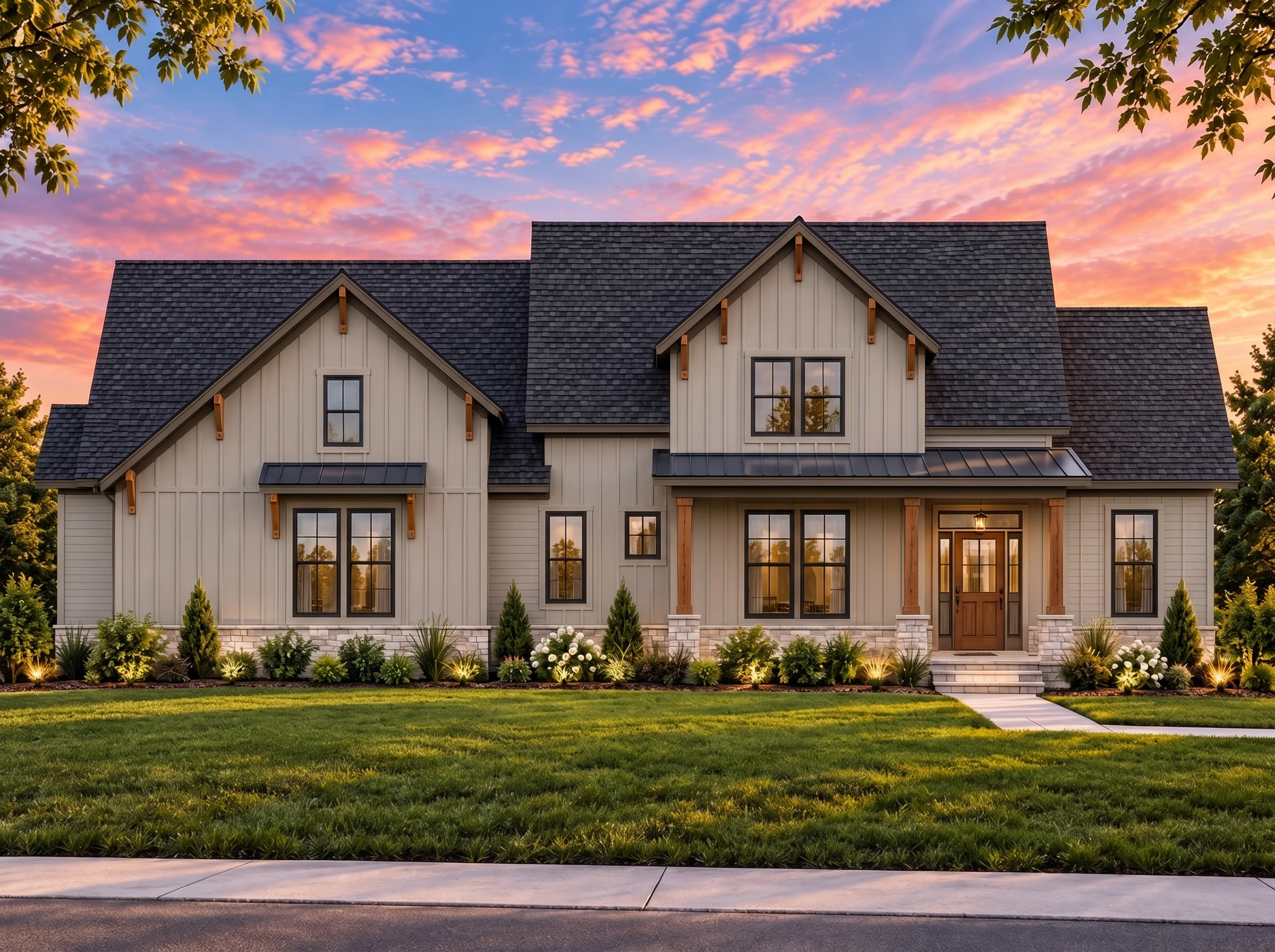 Plan  20-1113 – Auburn Landing Cottage  | Modern Farmhouse – 3-Bed, 2.5-Bath, 2,680 SF - Mushroom Taupe, AI-generated exterior concept
