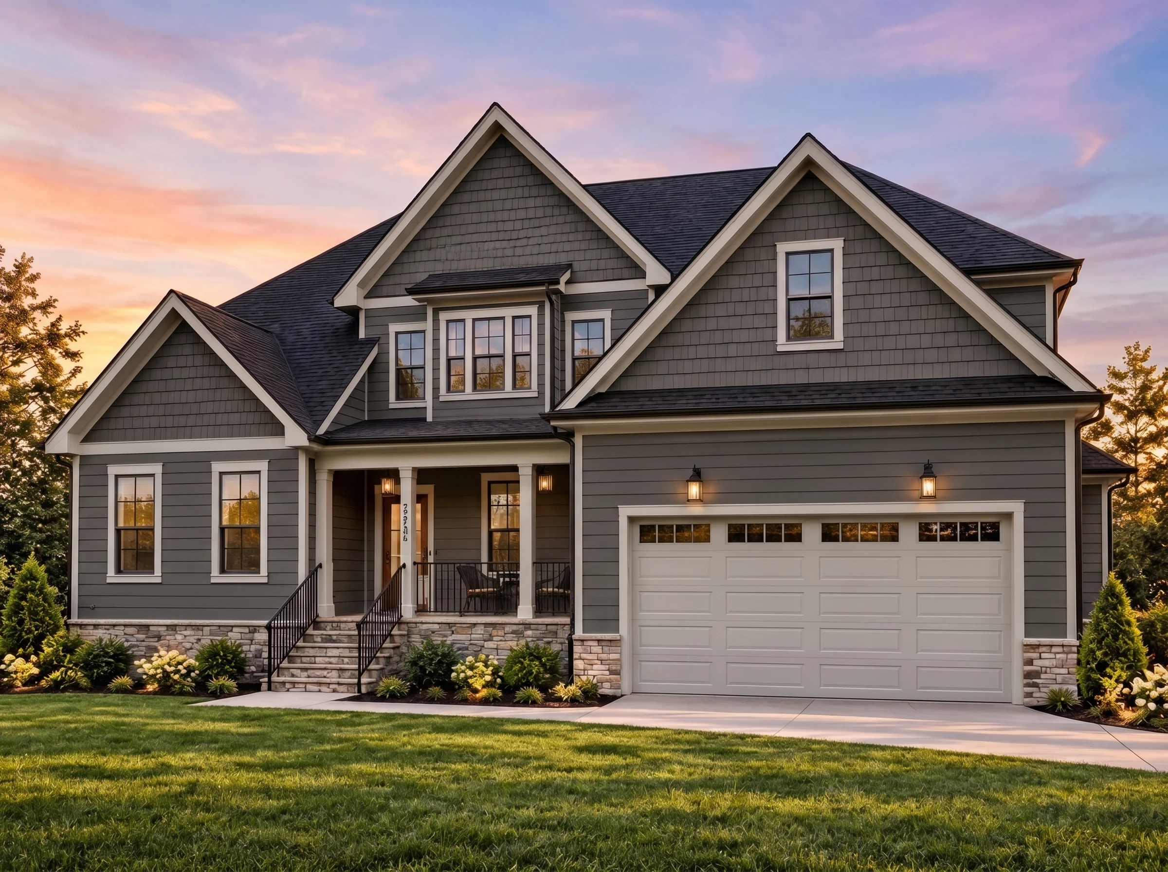 Plan  20-1110 – Aster Run Residence  | New American – 4-Bed, 4-Bath, 3,250 SF - Warm Charcoal, AI-generated exterior concept