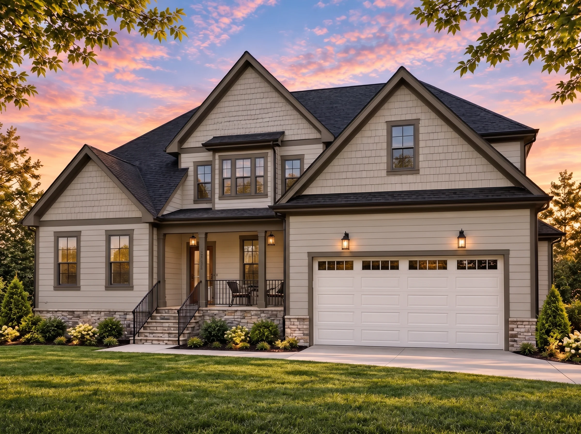 Plan  20-1110 – Aster Run Residence  | New American – 4-Bed, 4-Bath, 3,250 SF - Mushroom Taupe, AI-generated exterior concept