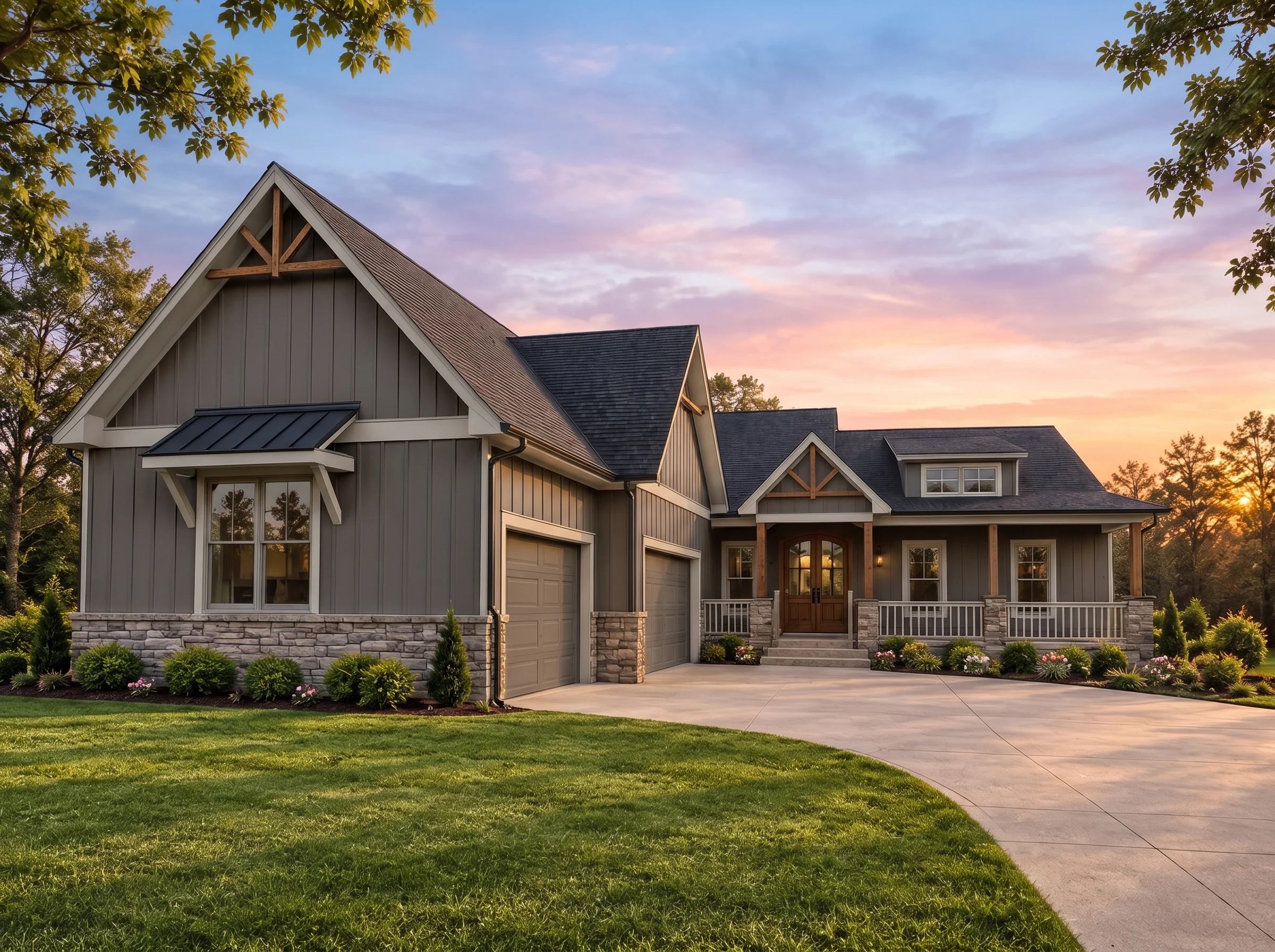Plan  20-1028 – Aster Cedar Chalet |  Modern Farmhouse – 3-Bed, 2.5-Bath, 1,853 SF - Warm Charcoal, AI-generated exterior concept