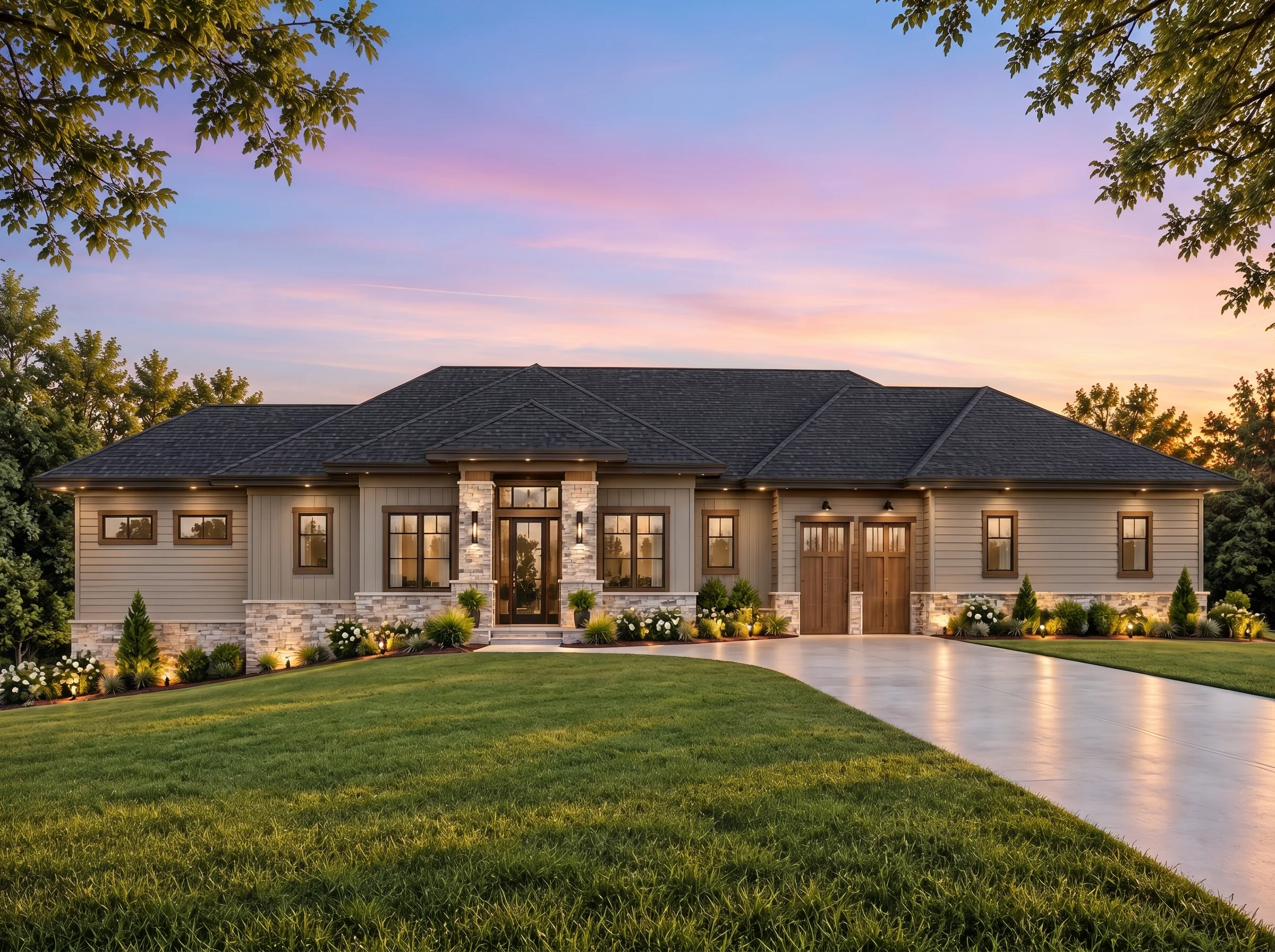 Plan  20-1033 – Auburn Field Retreat  | Transitional Ranch – 3-Bed, 3.5-Bath, 2,548 SF - Mushroom Taupe, AI-generated exterior concept