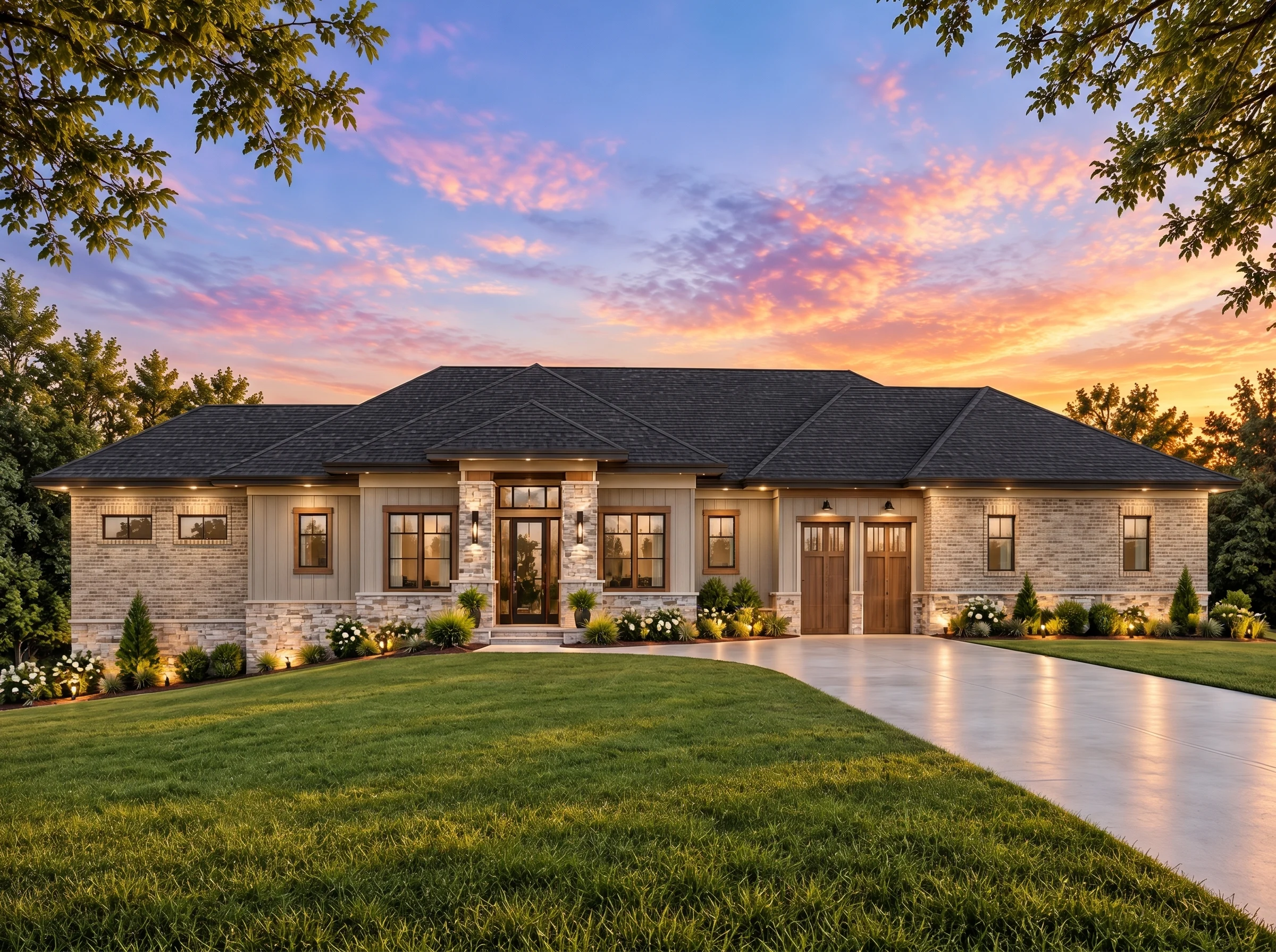 Plan  20-1033 – Auburn Field Retreat  | Transitional Ranch – 3-Bed, 3.5-Bath, 2,548 SF - Natural Brick, AI-generated exterior concept