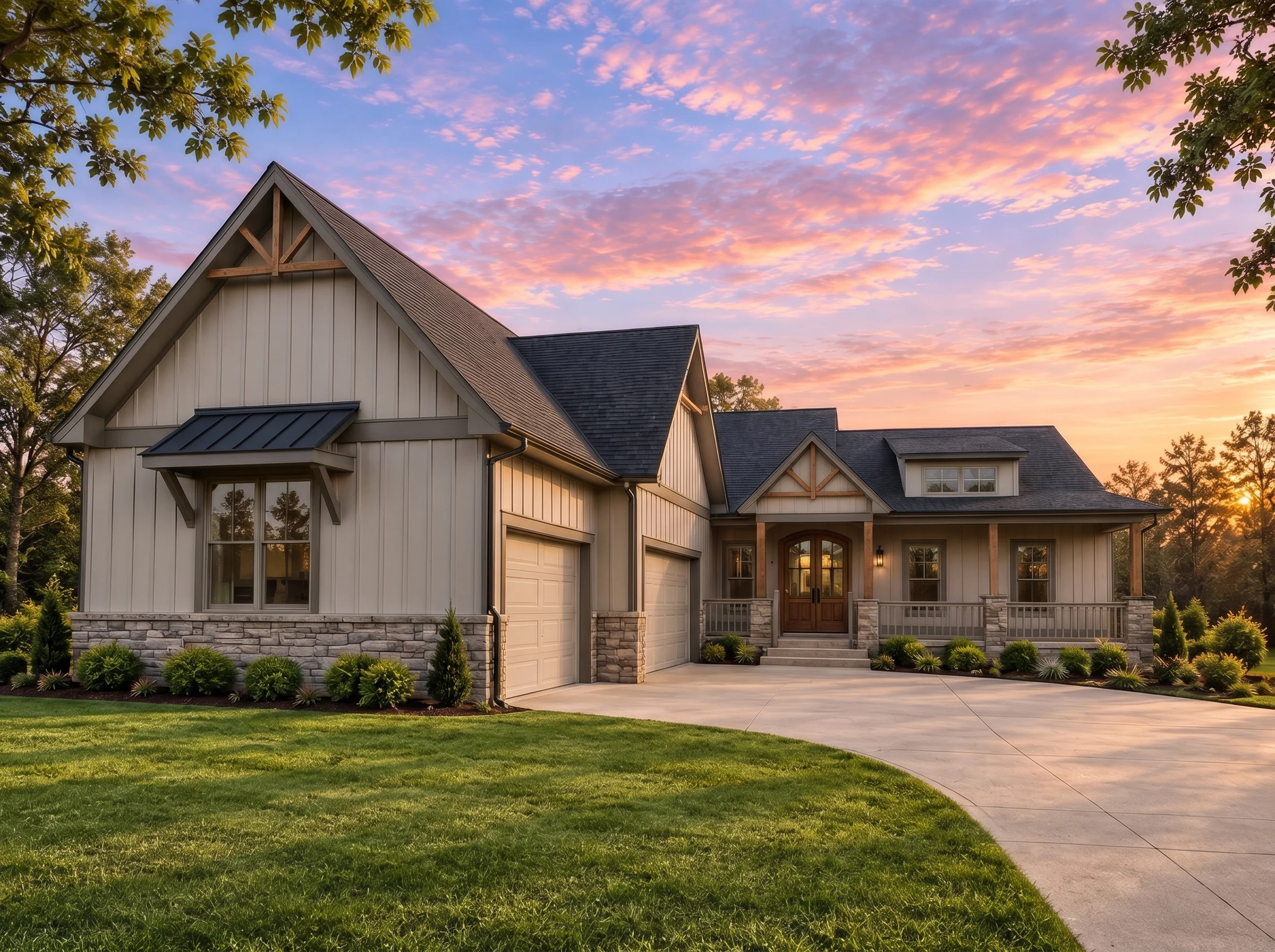 Plan  20-1028 – Aster Cedar Chalet |  Modern Farmhouse – 3-Bed, 2.5-Bath, 1,853 SF - Mushroom Taupe, AI-generated exterior concept