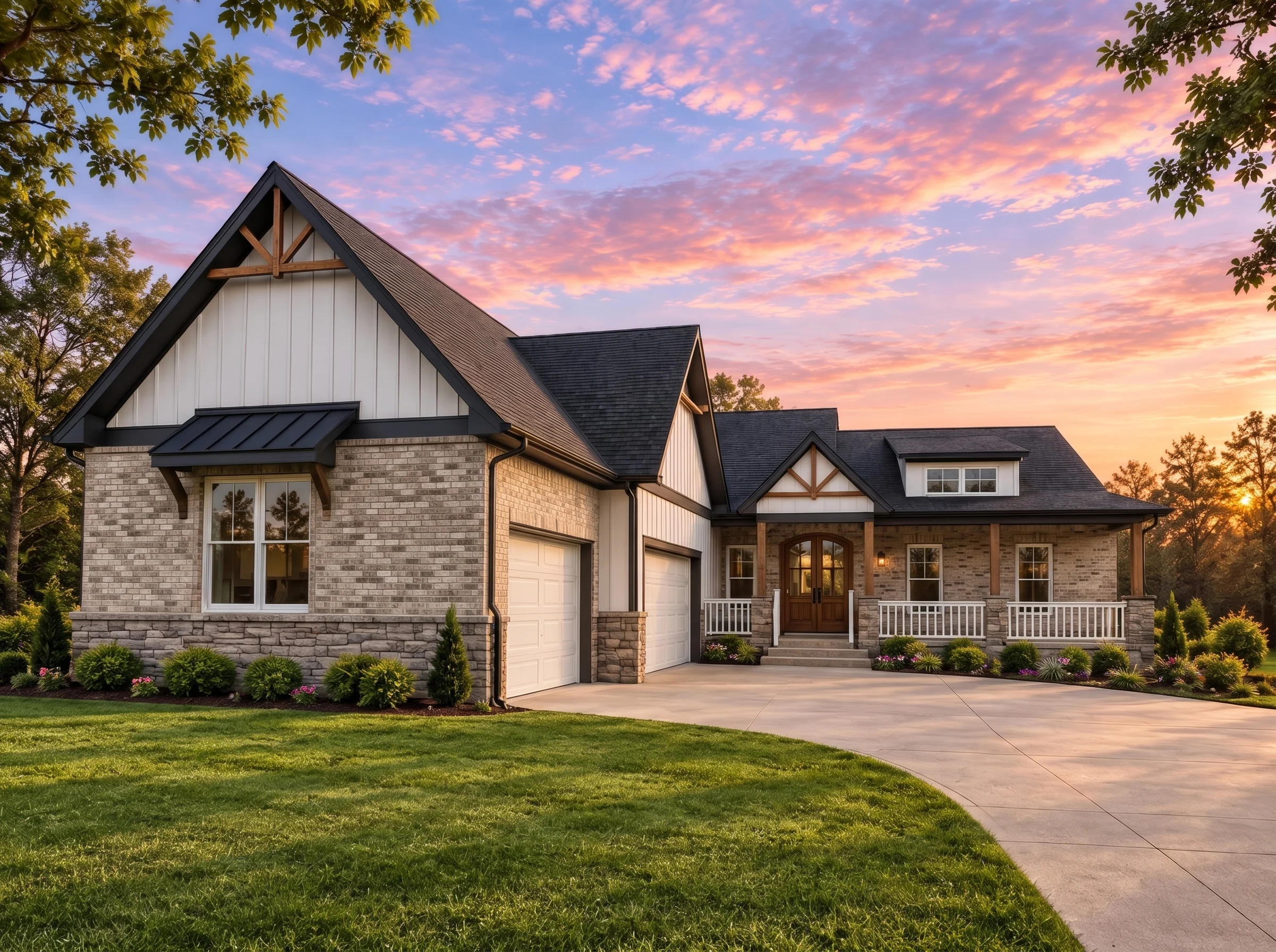 Plan  20-1028 – Aster Cedar Chalet |  Modern Farmhouse – 3-Bed, 2.5-Bath, 1,853 SF - Natural Brick, AI-generated exterior concept