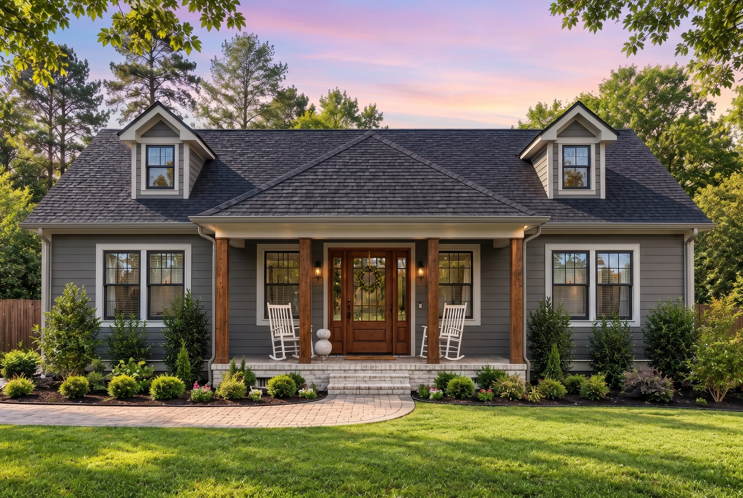 Plan  20-1150 – Auburn Trail Haven |  Cape Cod – 4-Bed, 3-Bath, 2,410 SF - Warm Charcoal, AI-generated exterior concept