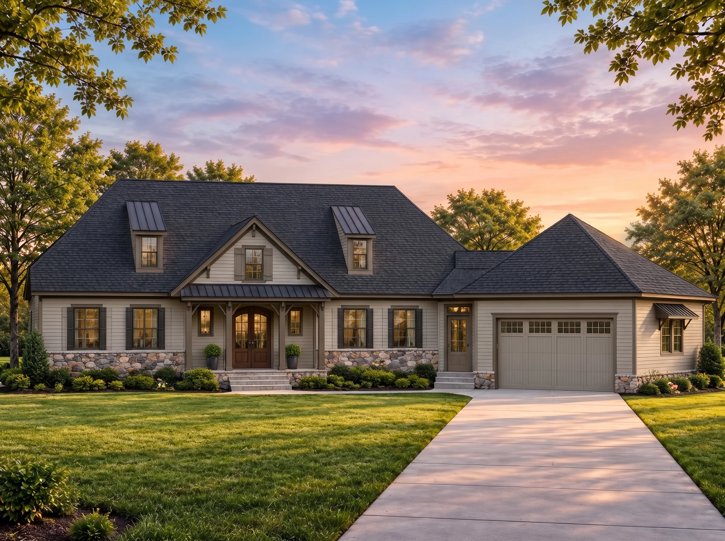 Plan  20-1224 – Aster Hollow Chalet  | Cape Cod – 4-Bed, 3.5-Bath, 4,119 SF - Mushroom Taupe, AI-generated exterior concept