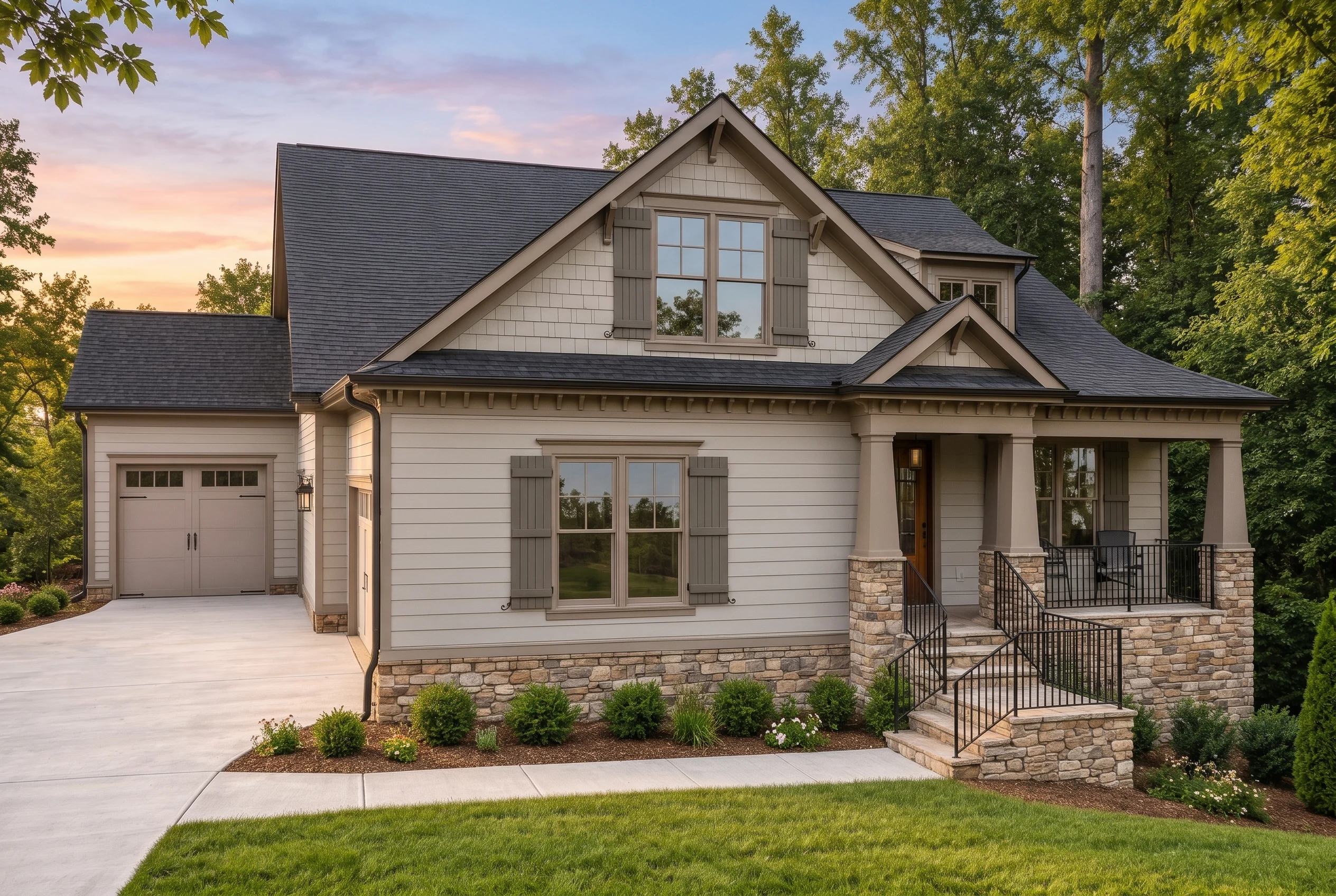 Plan  20-1242 – Princess Park Manor  | Craftsman Cottage – 4-Bed, 3.5-Bath, 2,735 SF - Mushroom Taupe, AI-generated exterior concept
