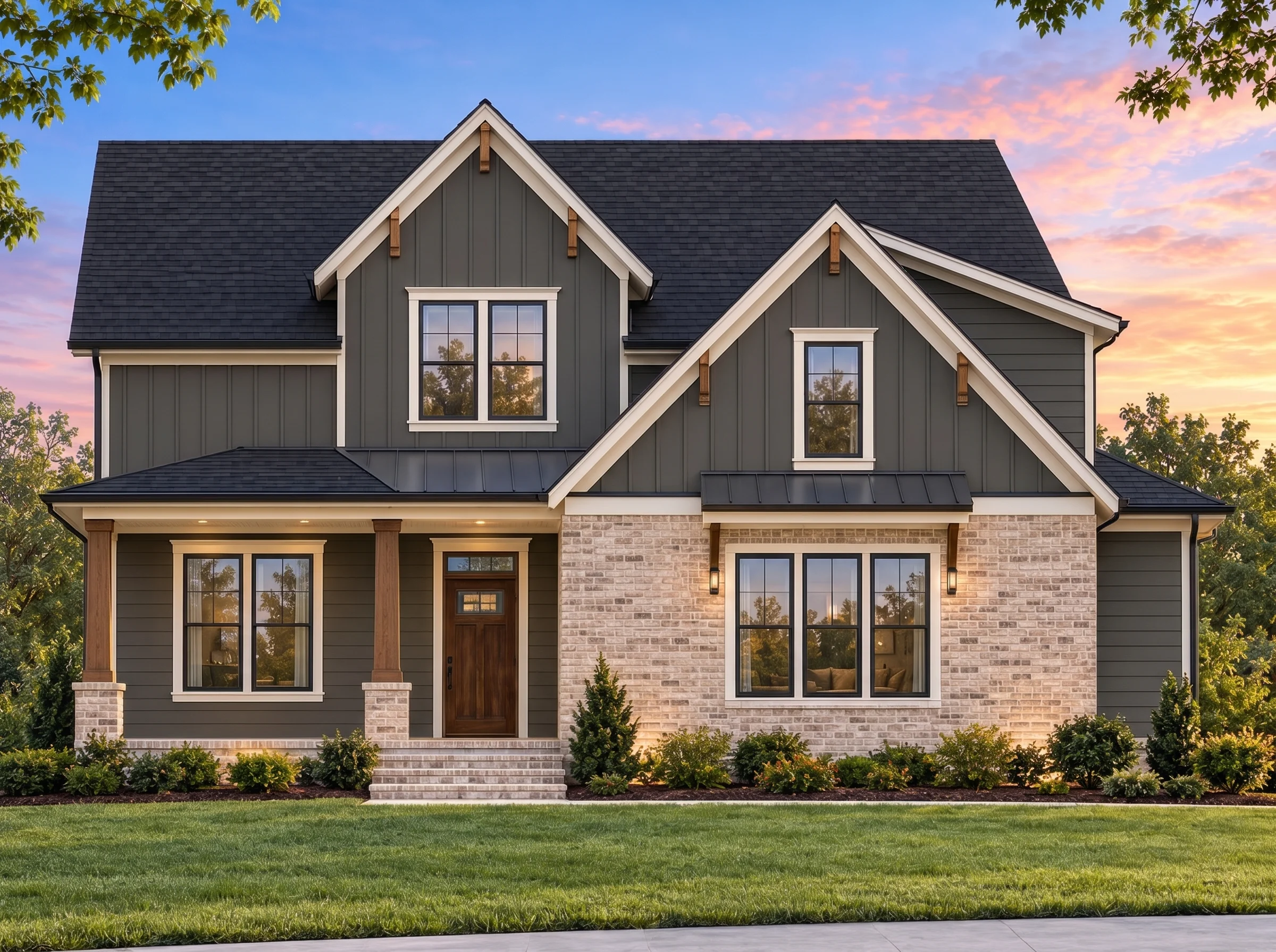 Plan  20-1251 – Aster Crossing Homestead | Modern Farmhouse – 3-Bed, 2.5-Bath, 2,933 SF - Warm Charcoal, AI-generated exterior concept