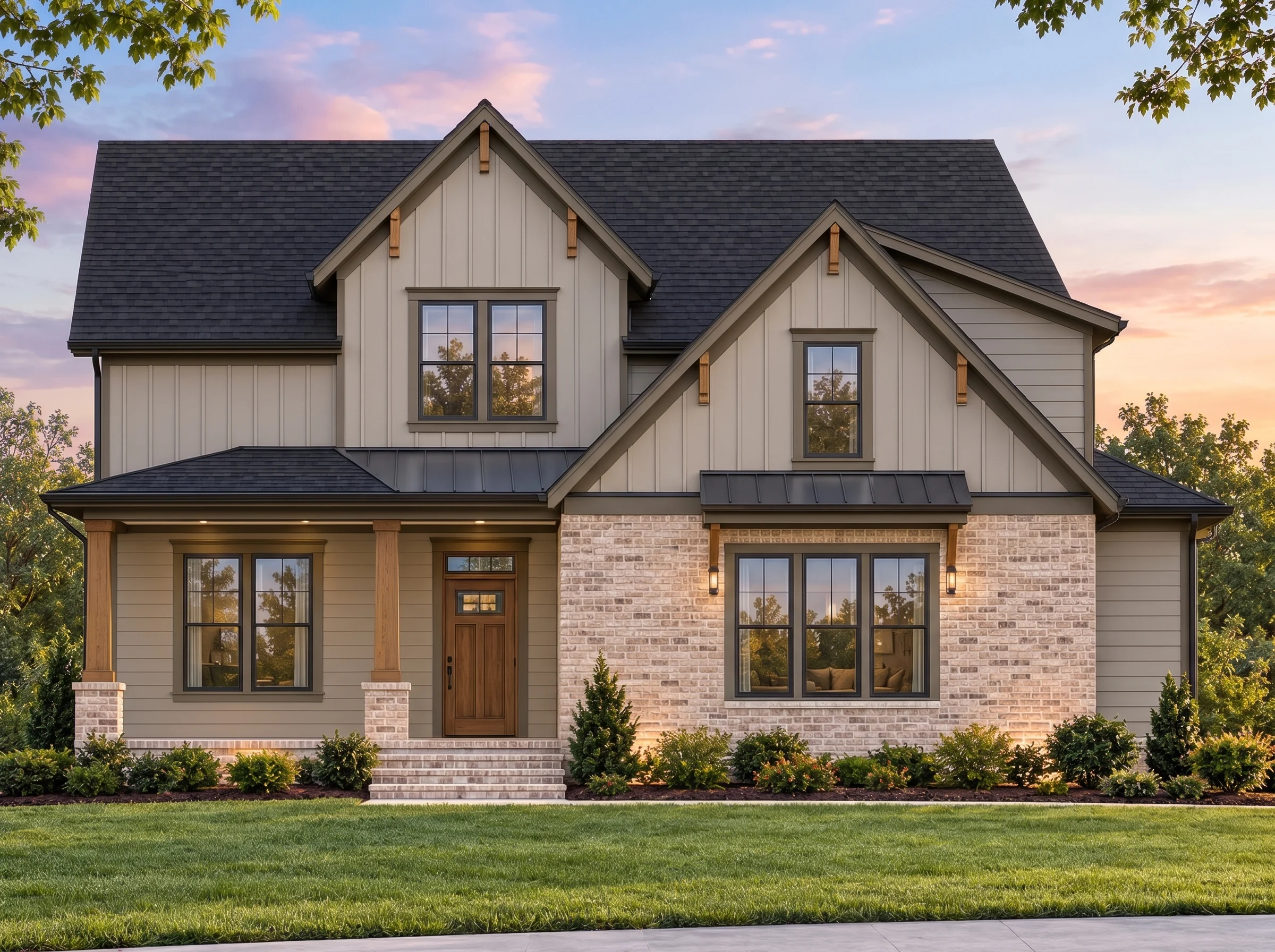 Plan  20-1251 – Aster Crossing Homestead | Modern Farmhouse – 3-Bed, 2.5-Bath, 2,933 SF - Mushroom Taupe, AI-generated exterior concept