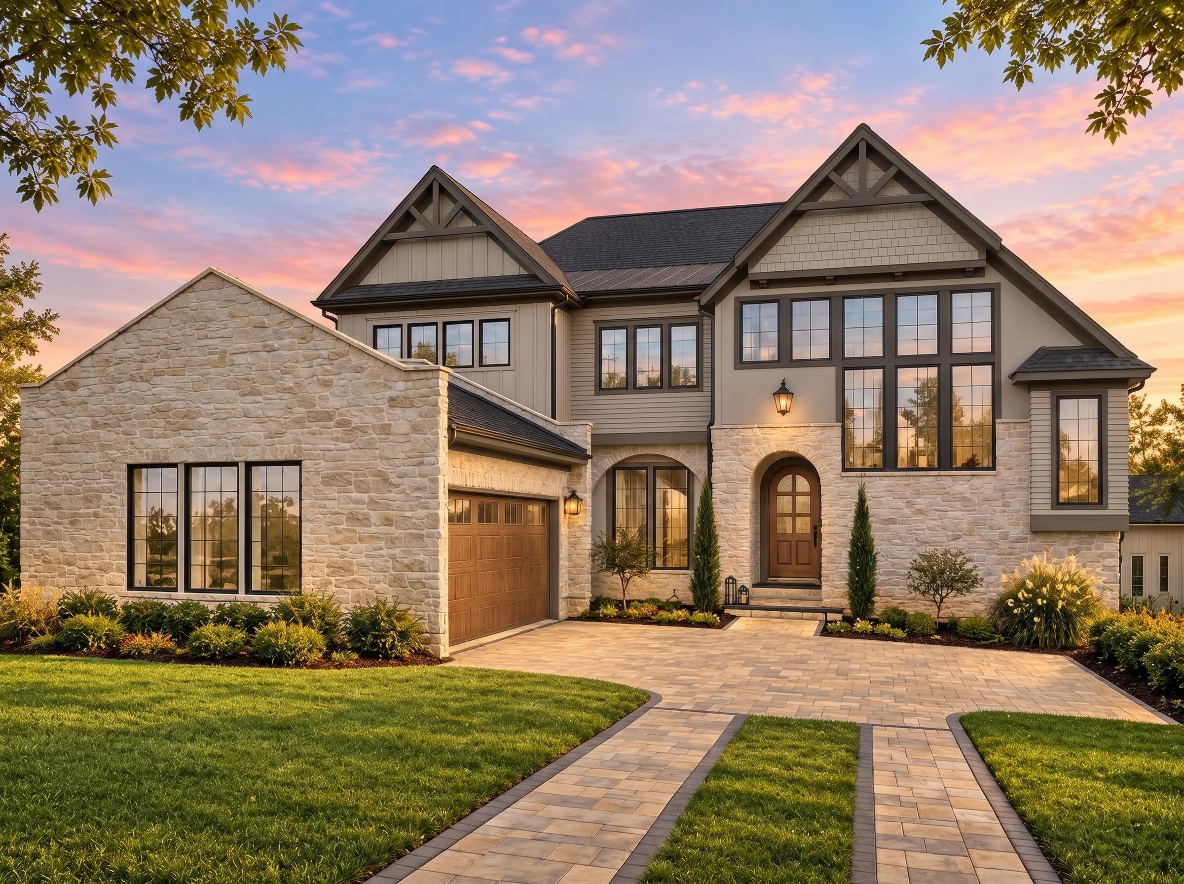 Plan  20-1266 – Ozark Mountain Lodge  | New American – 5-Bed, 5.5-Bath, 5,152 SF - Mushroom Taupe, AI-generated exterior concept