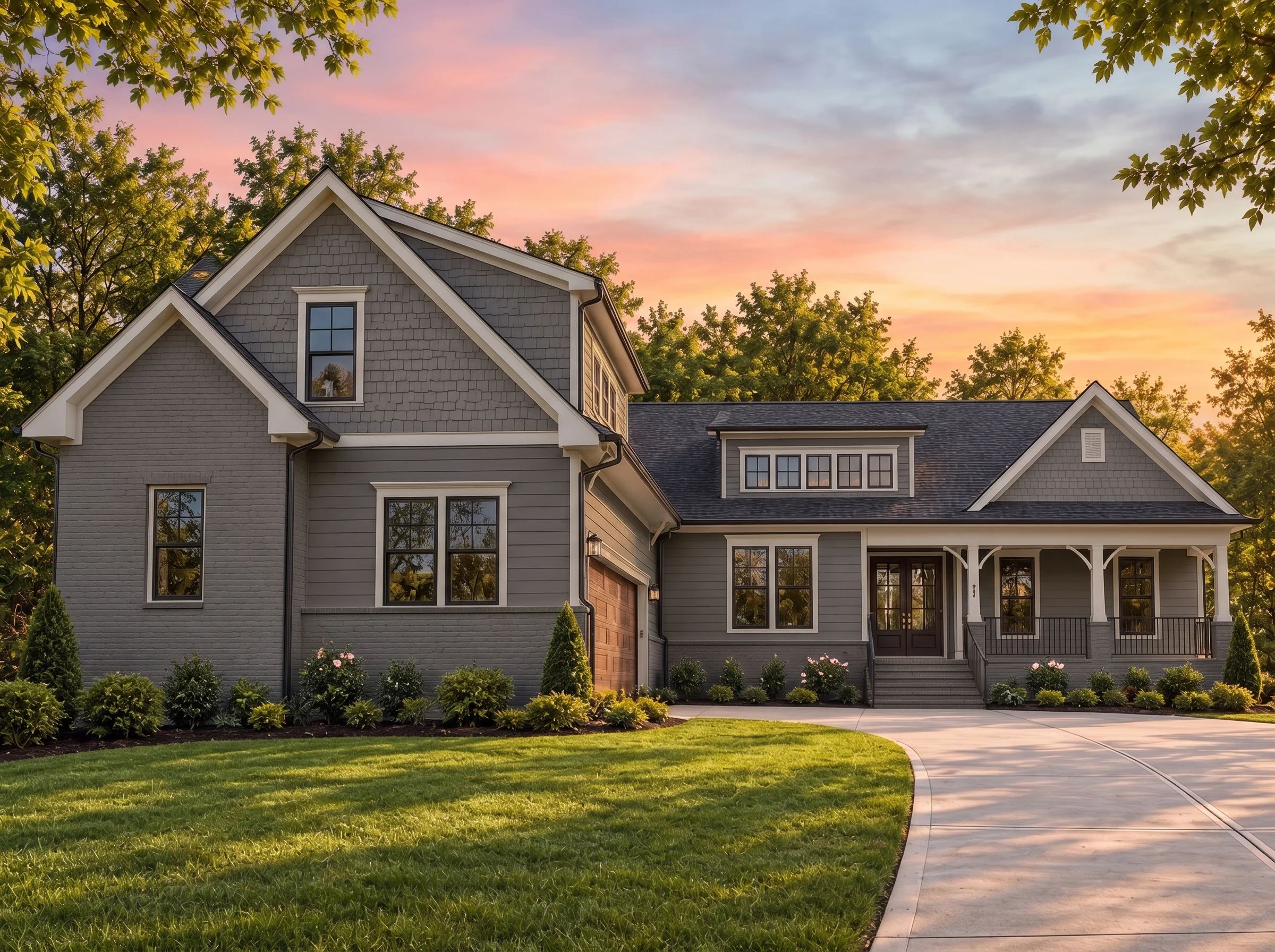 Plan  20-1446 – Aster Point Estate |  New American – 4-Bed, 3.5-Bath, 3,428 SF - Warm Charcoal, AI-generated exterior concept