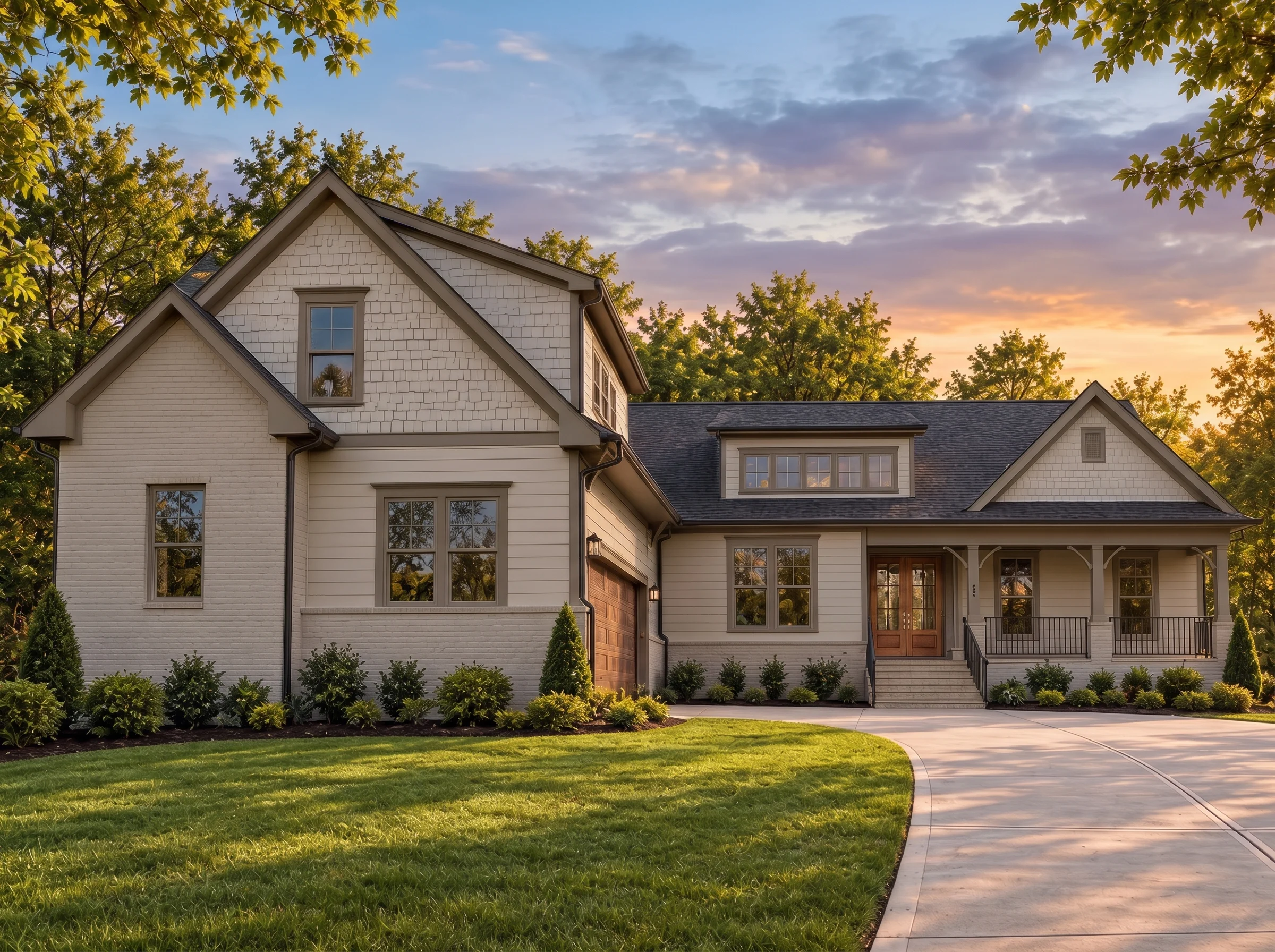 Plan  20-1446 – Aster Point Estate |  New American – 4-Bed, 3.5-Bath, 3,428 SF - Mushroom Taupe, AI-generated exterior concept