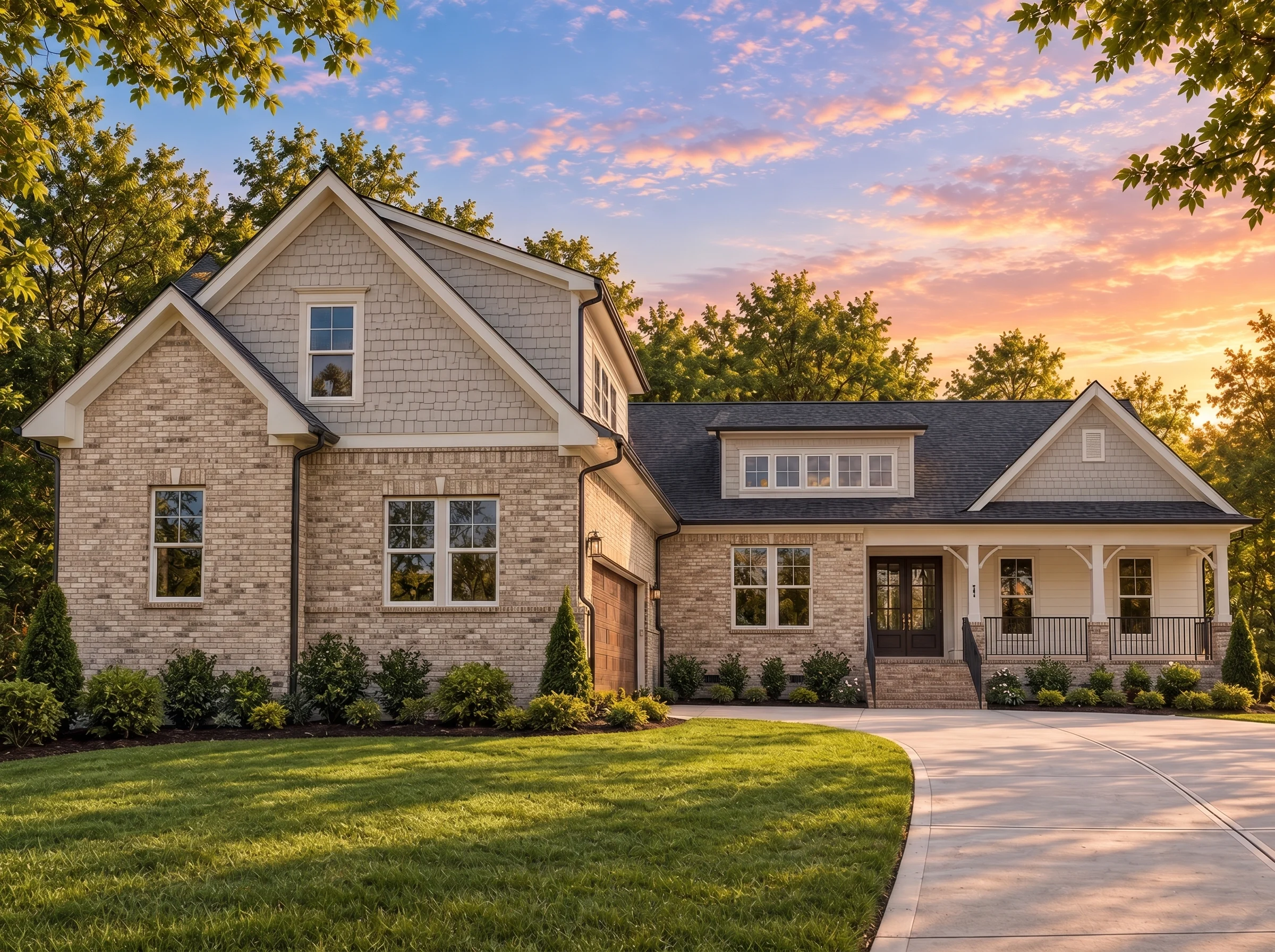 Plan  20-1446 – Aster Point Estate |  New American – 4-Bed, 3.5-Bath, 3,428 SF - Natural Brick, AI-generated exterior concept