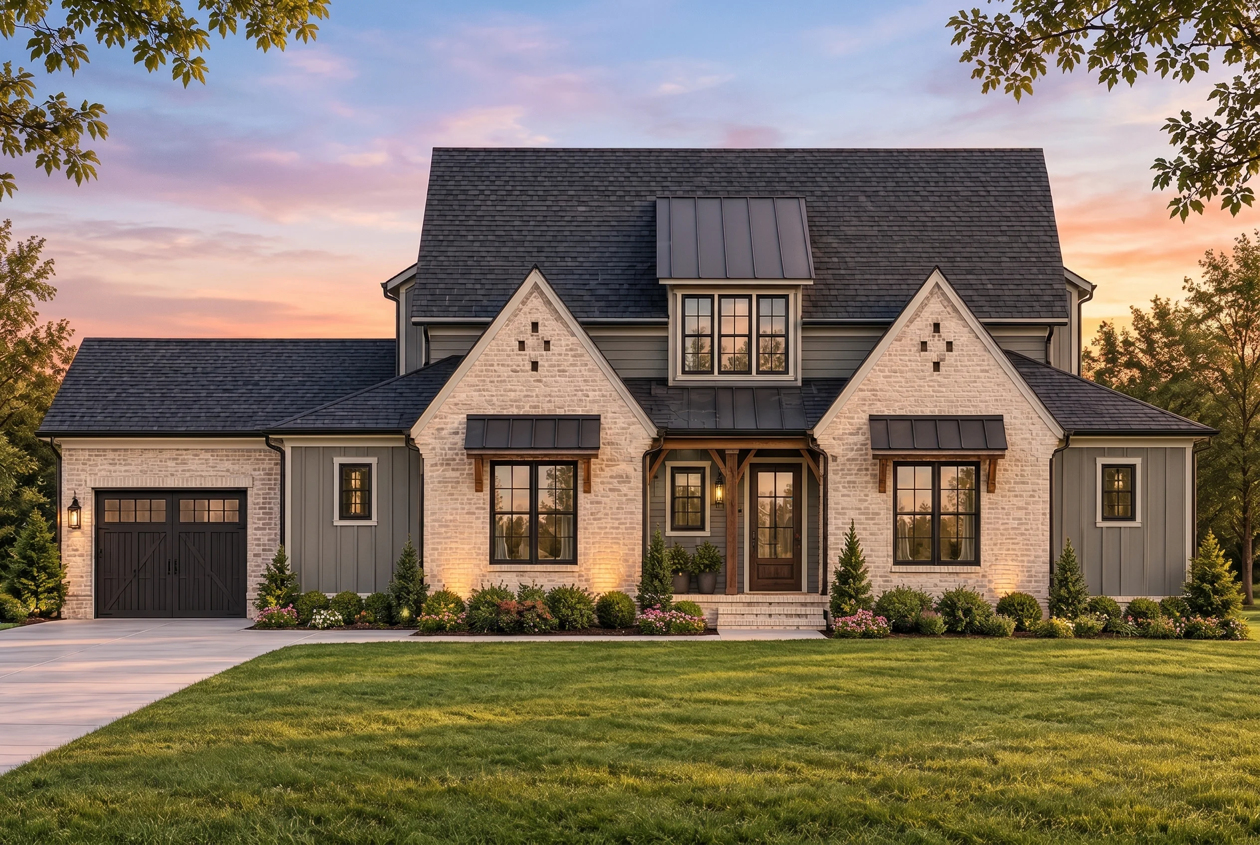 Plan  20-1404 – Aster View Manor |  Modern Farmhouse – 4-Bed, 3.5-Bath, 3,041 SF - Warm Charcoal, AI-generated exterior concept