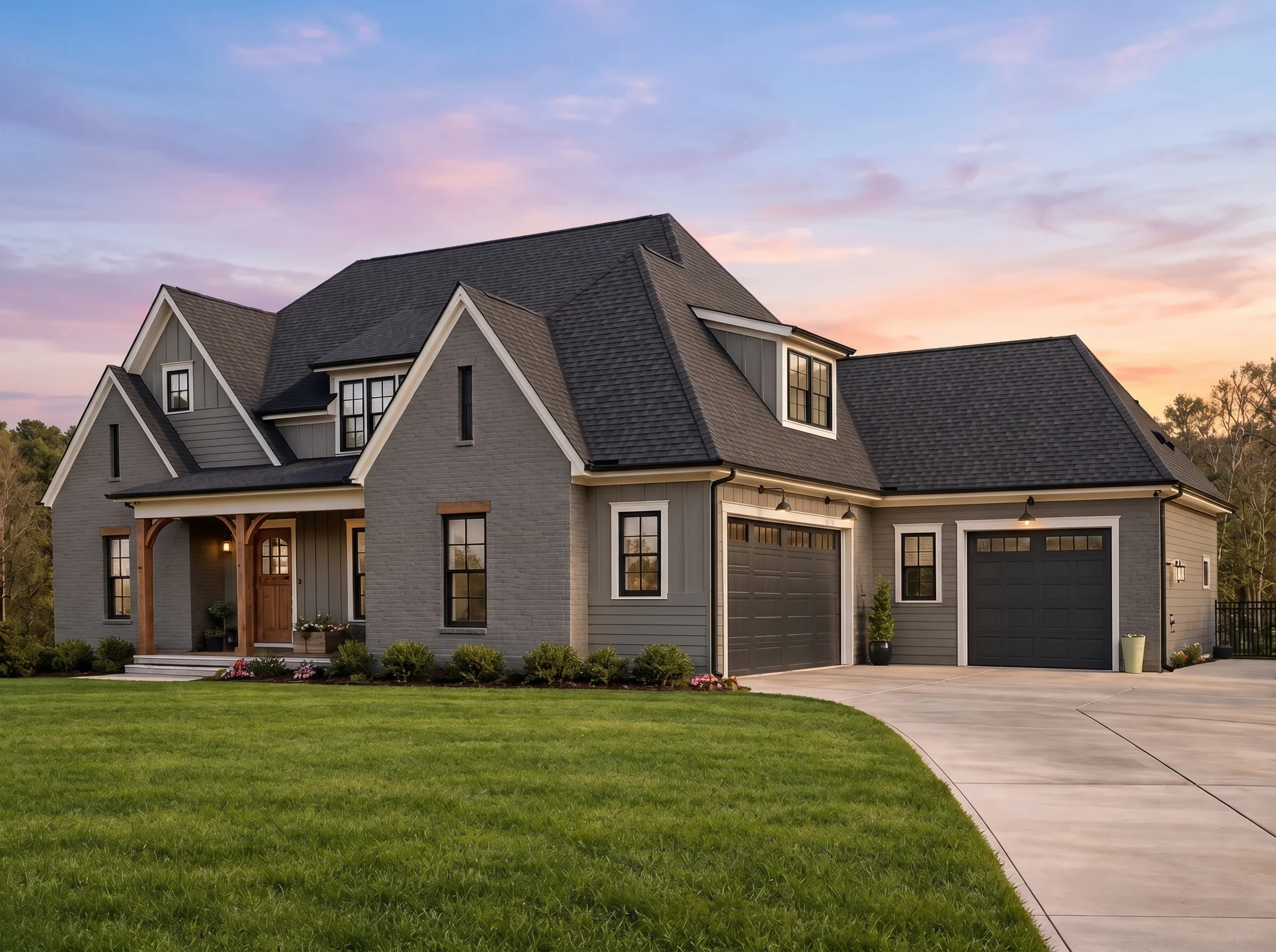 Plan  20-1349 – Utah Plateau |  Modern Farmhouse – 4-Bed, 3-Bath, 3,103 SF - Warm Charcoal, AI-generated exterior concept