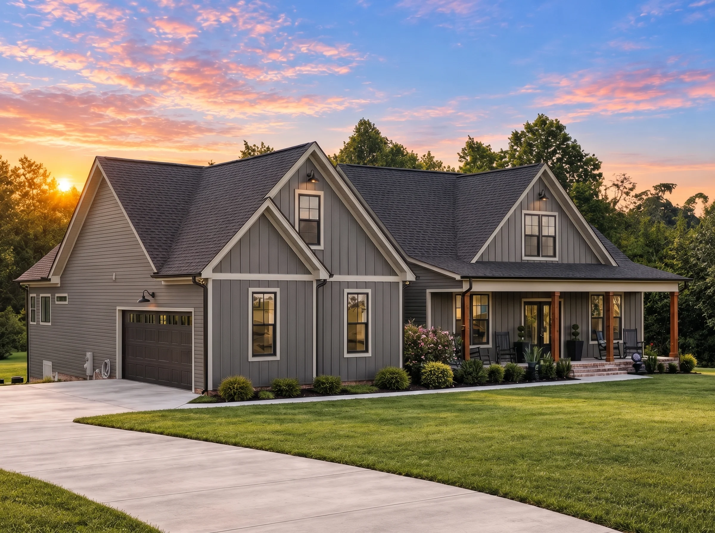 Plan  20-1548 – Aster Heights Lodge  | Modern Farmhouse – 3-Bed, 2.5-Bath, 4,058 SF - Warm Charcoal, AI-generated exterior concept