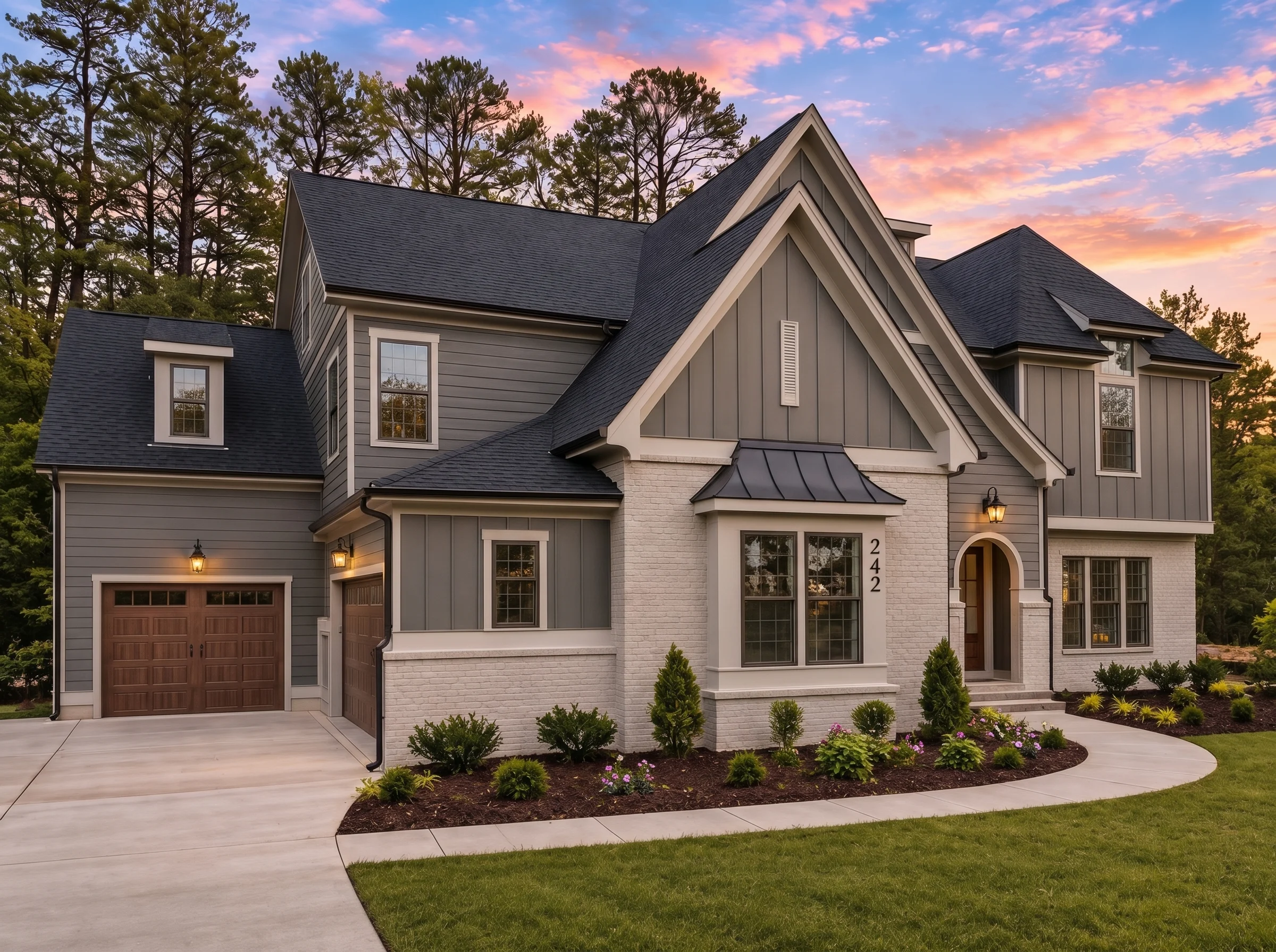 Plan  20-1539 – Auburn Bluff Hall |  New American – 6-Bed, 5-Bath, 5,081 SF - Warm Charcoal, AI-generated exterior concept