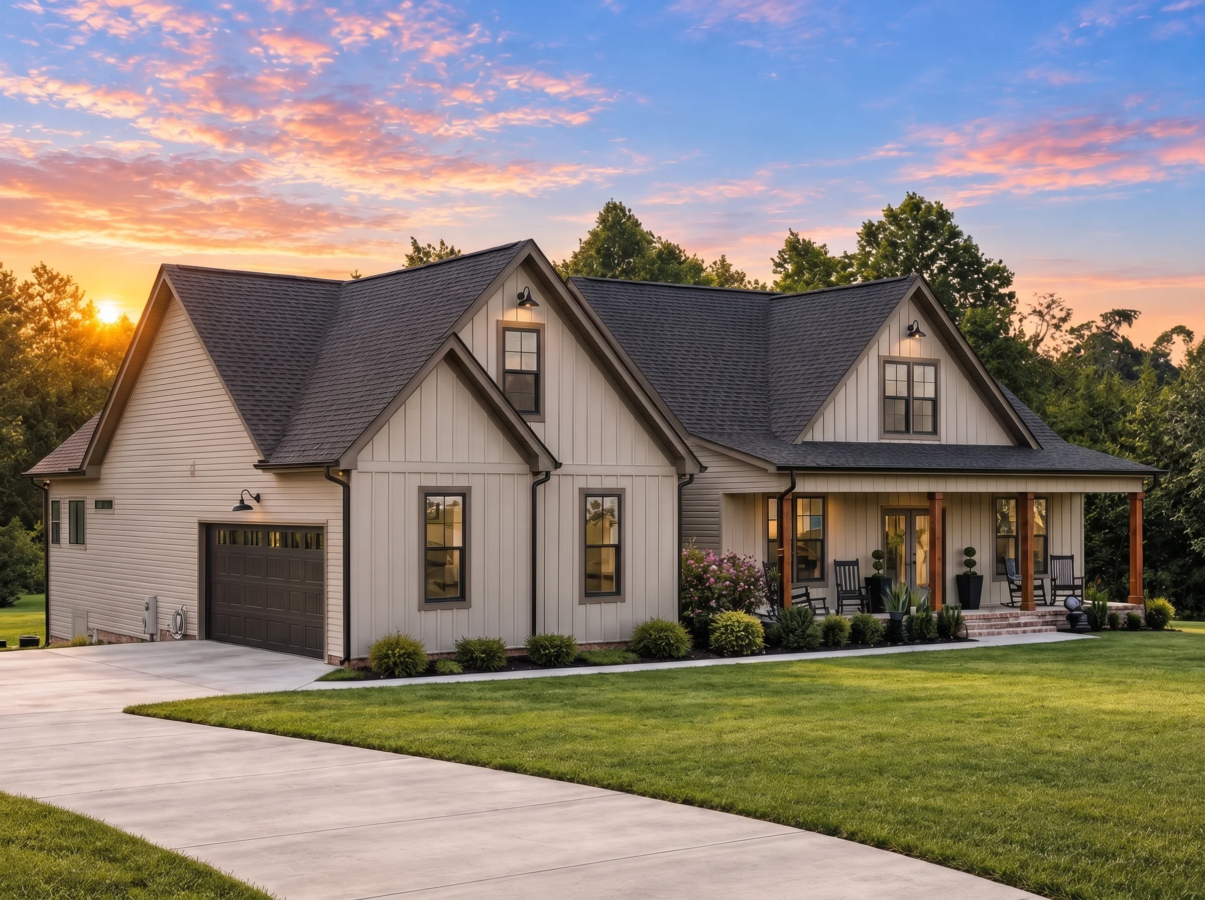 Plan  20-1548 – Aster Heights Lodge  | Modern Farmhouse – 3-Bed, 2.5-Bath, 4,058 SF - Mushroom Taupe, AI-generated exterior concept