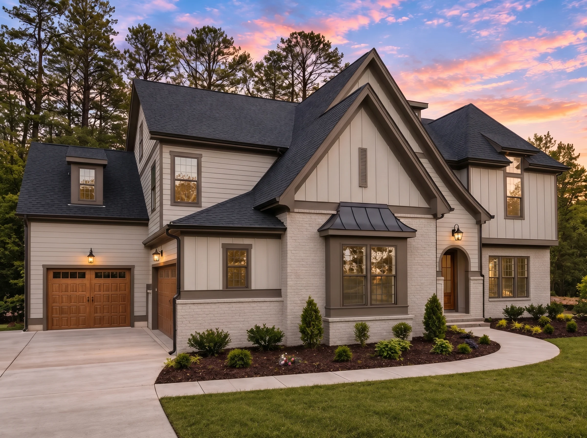 Plan  20-1539 – Auburn Bluff Hall |  New American – 6-Bed, 5-Bath, 5,081 SF - Mushroom Taupe, AI-generated exterior concept