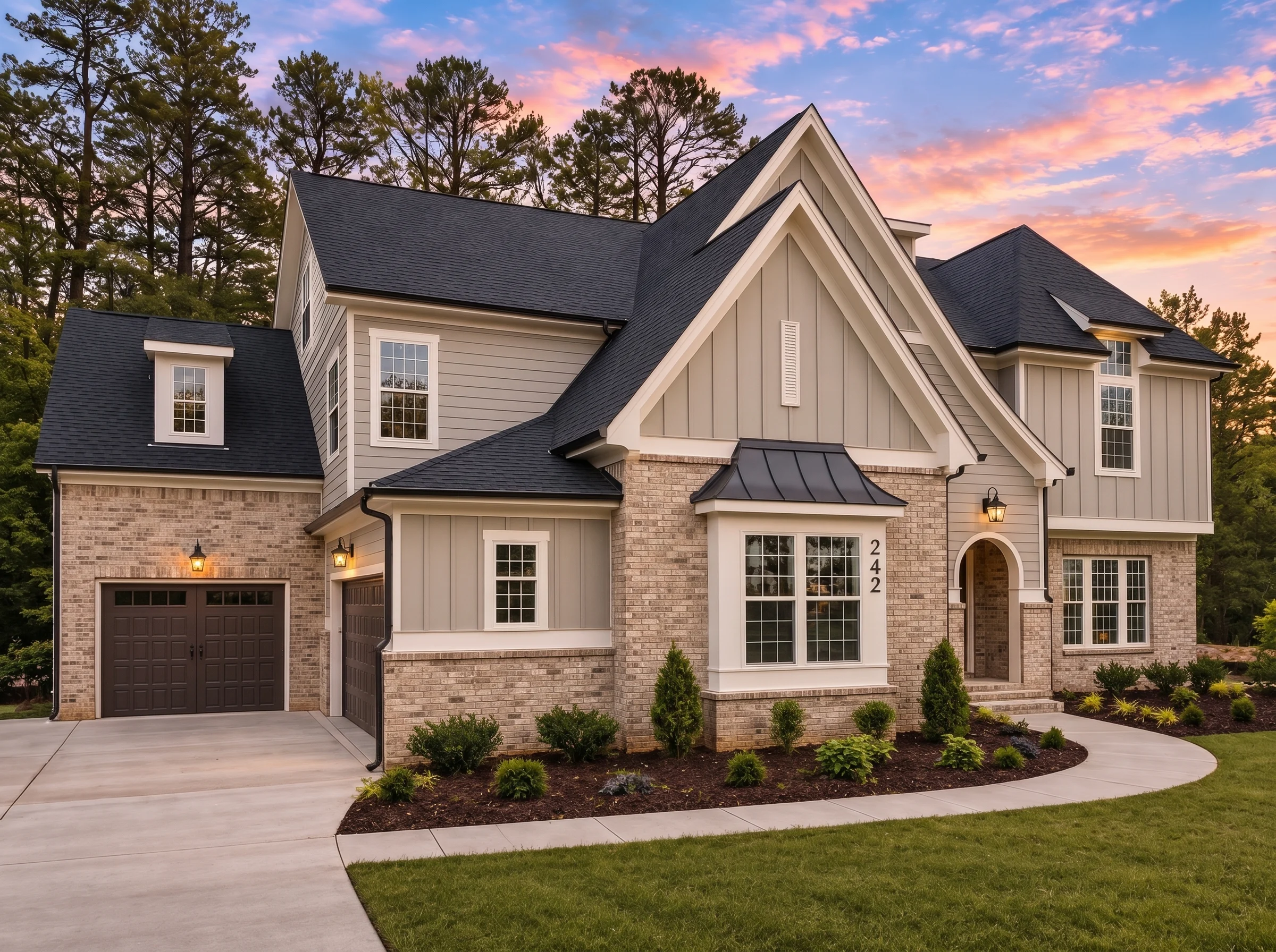 Plan  20-1539 – Auburn Bluff Hall |  New American – 6-Bed, 5-Bath, 5,081 SF - Natural Brick, AI-generated exterior concept