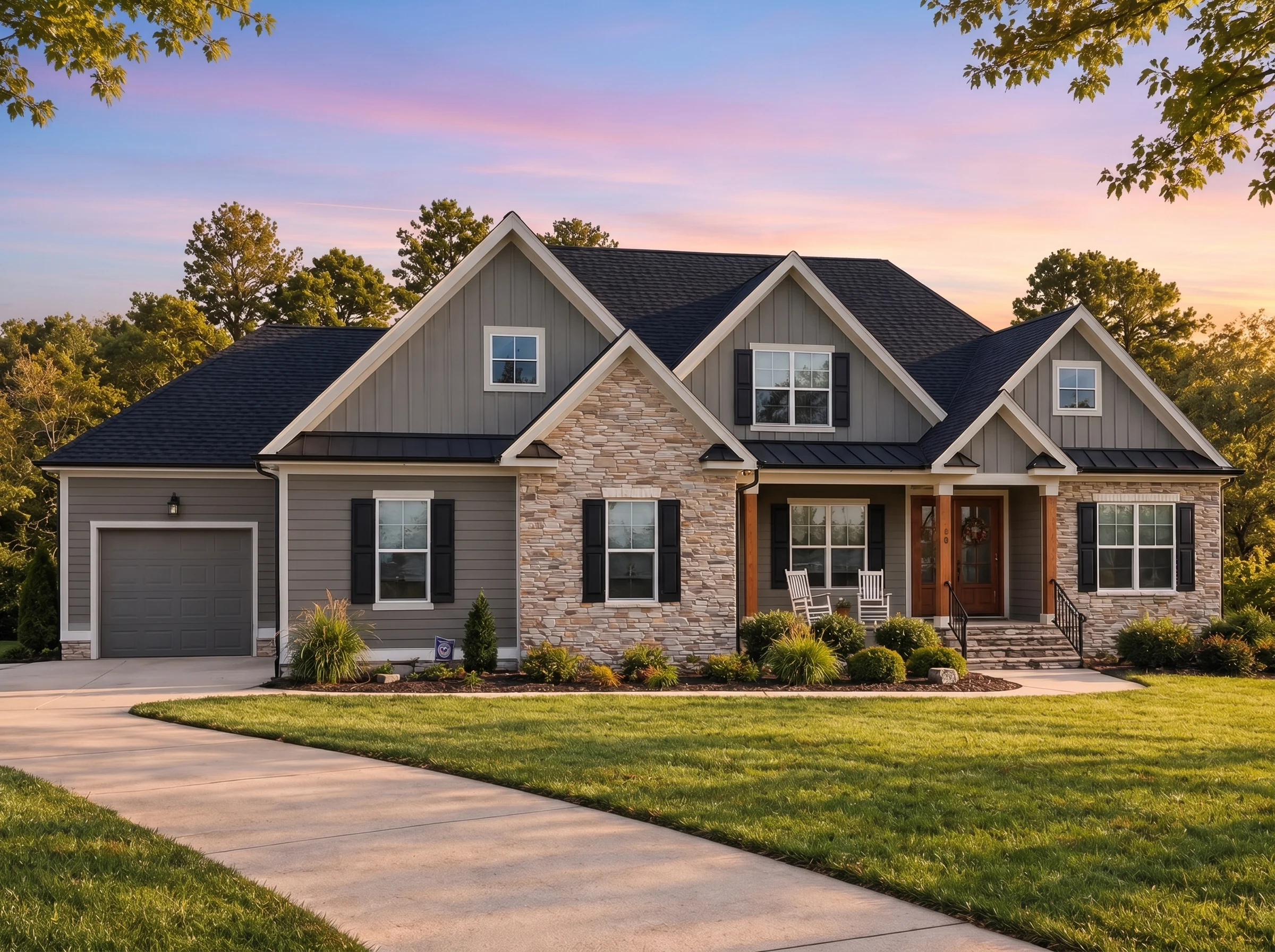 Plan  20-1923 – Borough Retreat |  Modern Farmhouse – 3-Bed, 4-Bath, 3,285 SF - Warm Charcoal, AI-generated exterior concept