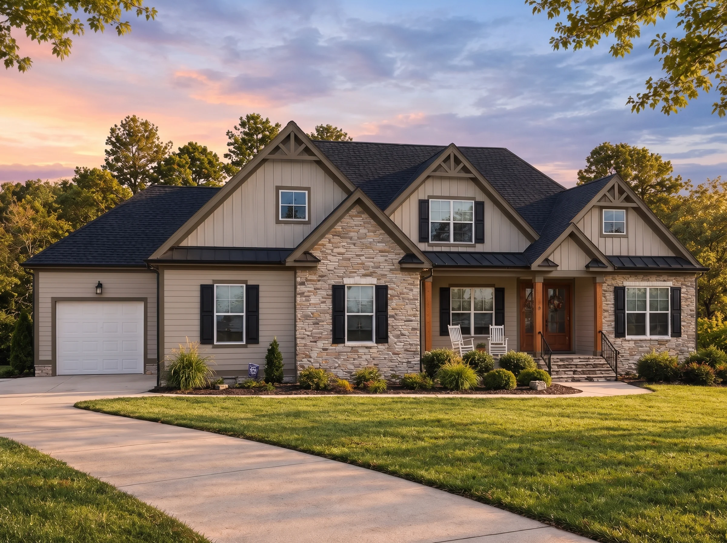 Plan  20-1923 – Borough Retreat |  Modern Farmhouse – 3-Bed, 4-Bath, 3,285 SF - Mushroom Taupe, AI-generated exterior concept