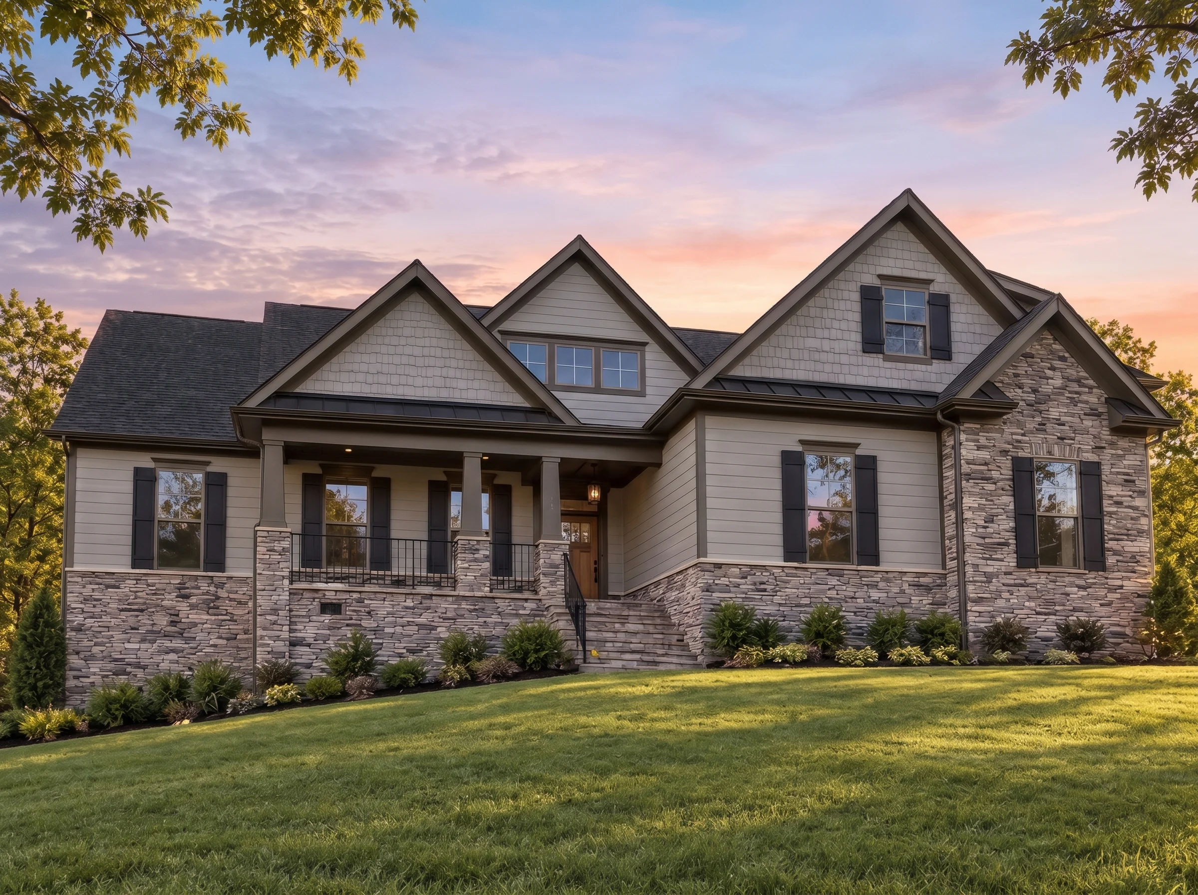 Plan  20-1891 – Aster Lane Residence  | New American – 4-Bed, 3.5-Bath, 2,713 SF - Mushroom Taupe, AI-generated exterior concept