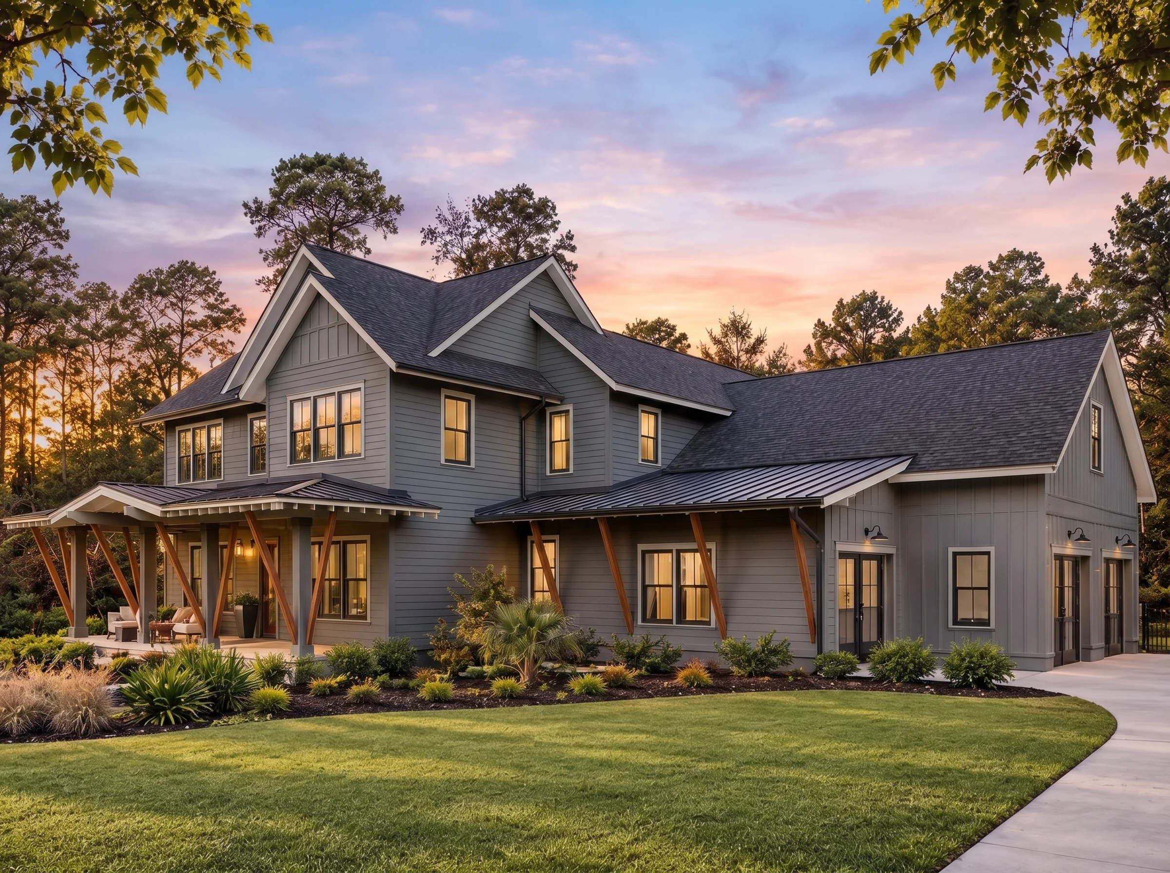 Plan  20-2066 – Auburn Point Residence  | Modern Farmhouse – 5-Bed, 5-Bath, 4,705 SF - Warm Charcoal, AI-generated exterior concept
