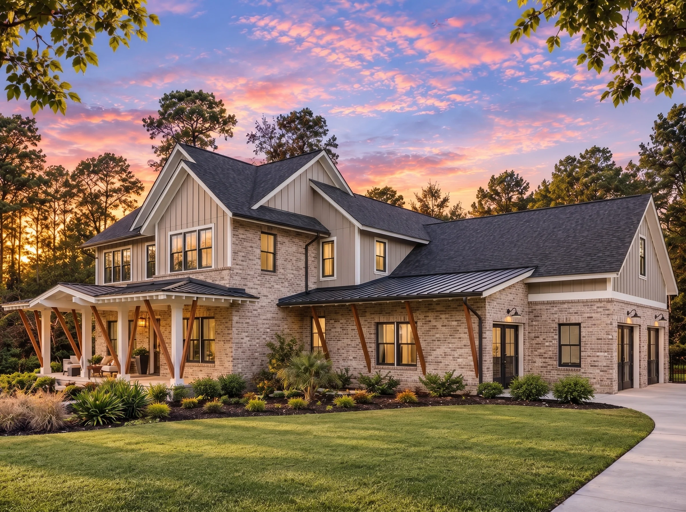 Plan  20-2066 – Auburn Point Residence  | Modern Farmhouse – 5-Bed, 5-Bath, 4,705 SF - Natural Brick, AI-generated exterior concept