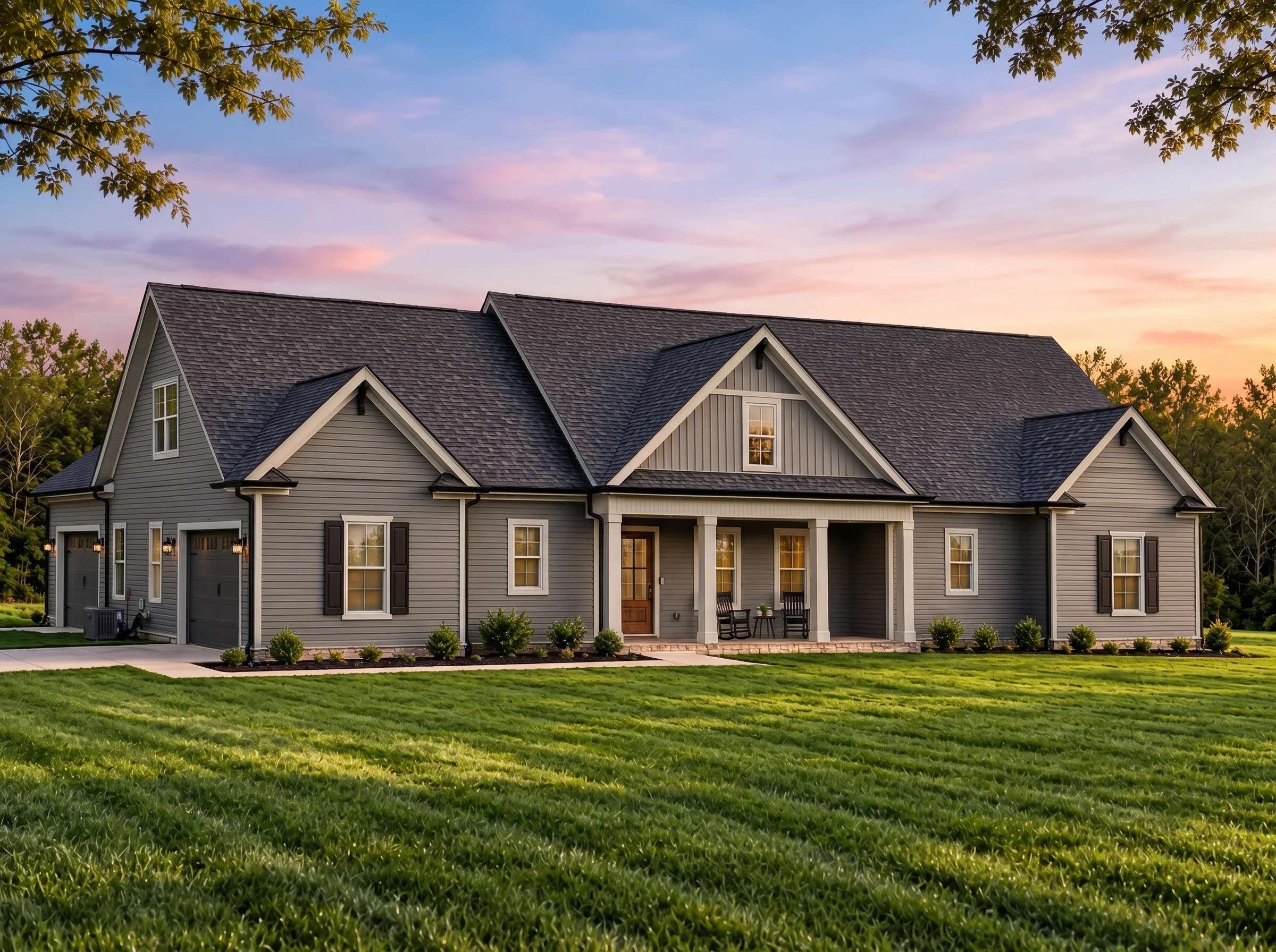 Plan  20-2020 – Auburn Ridge Lodge |  Modern Farmhouse – 3-Bed, 3-Bath, 2,266 SF - Warm Charcoal, AI-generated exterior concept