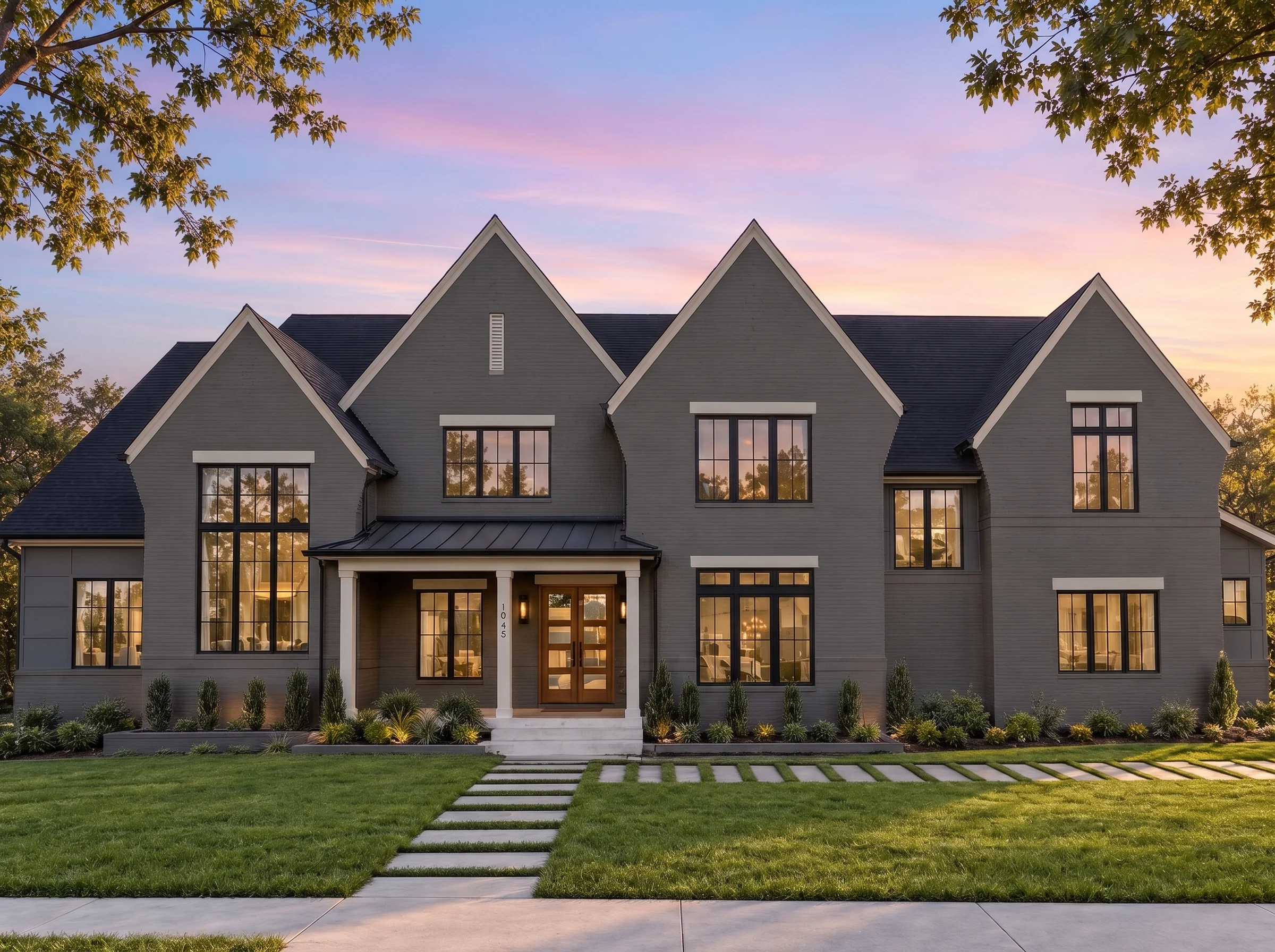 Plan  20-2021 – Jersey Basin |  Modern Farmhouse – 6-Bed, 5-Bath, 6,800 SF - Warm Charcoal, AI-generated exterior concept